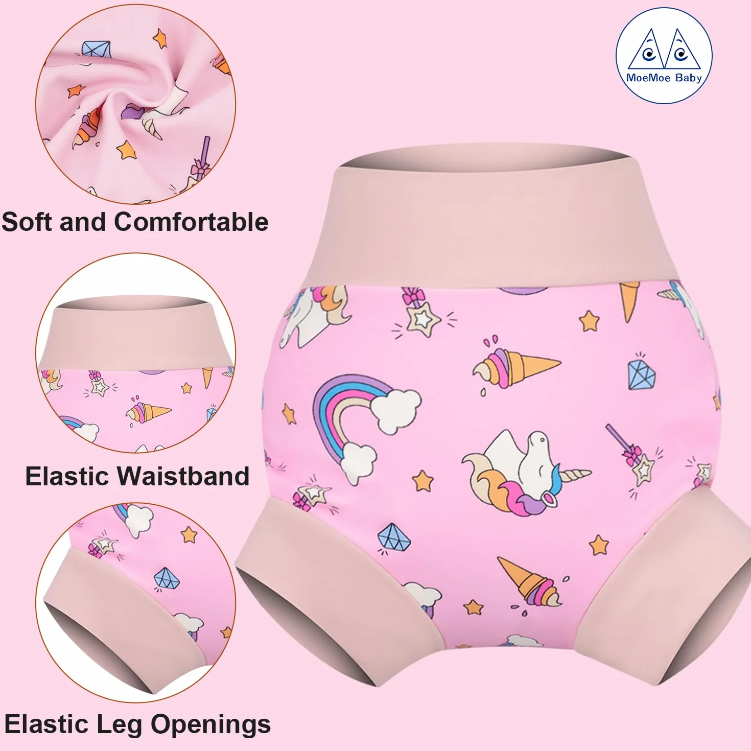 MOEMOE BABY Pannolino da nuoto Riutilizzabile per Bambini Neonato 3 pezzi Rosa S/2T 1-2 Anni