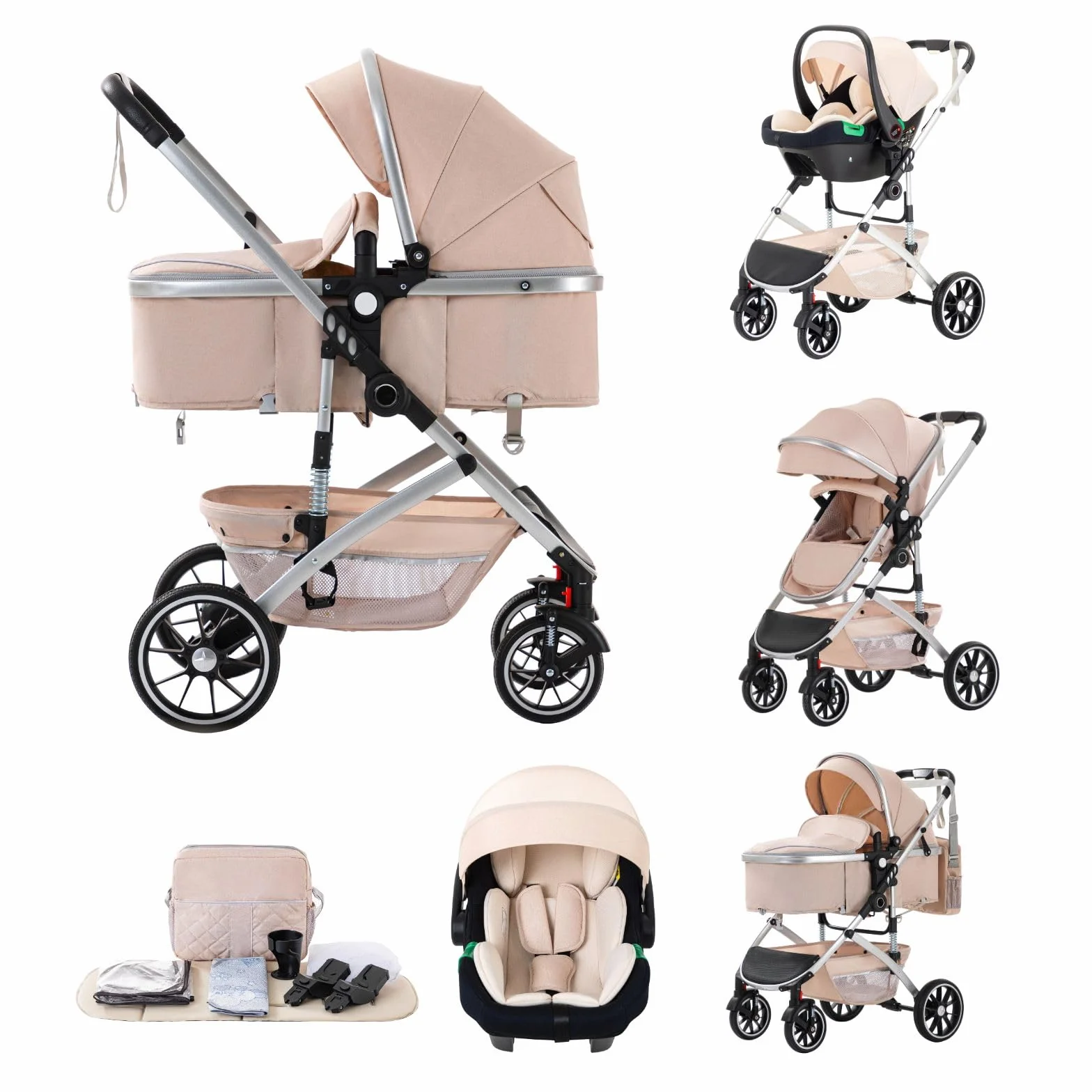 Passeggino 3 in 1 pieghevole per neonati 0-4 anni, sistema viaggio con carrozzina e seggiolino auto, beige