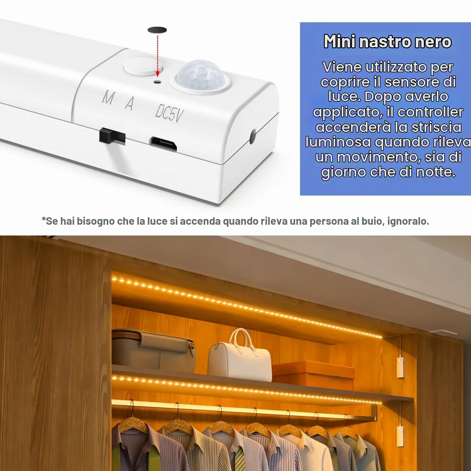 WOBANE Striscia luminosa a LED con sensore di movimento ricaricabile, 5 m, senza fili, con 2 sensori, luci a striscia LED alimentate a batteria, luce bianca calda per armadio, armadietto, 2700 K
