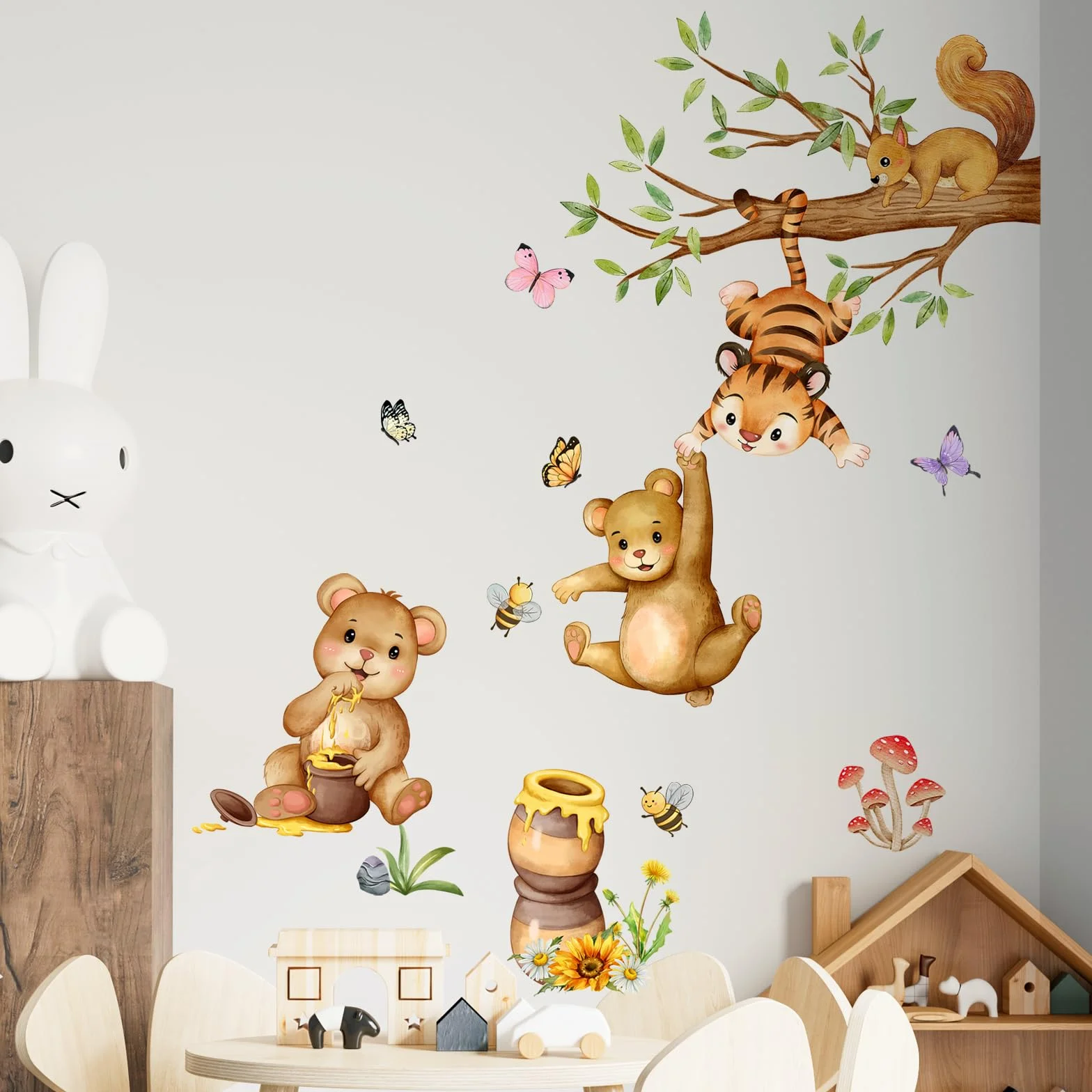 Supzone Adesivi Murali Animali Foresta Tigre Orso Scoiattolo Dondolando Miele Albero Ramo Decorazione Murale per Camerette Bambini