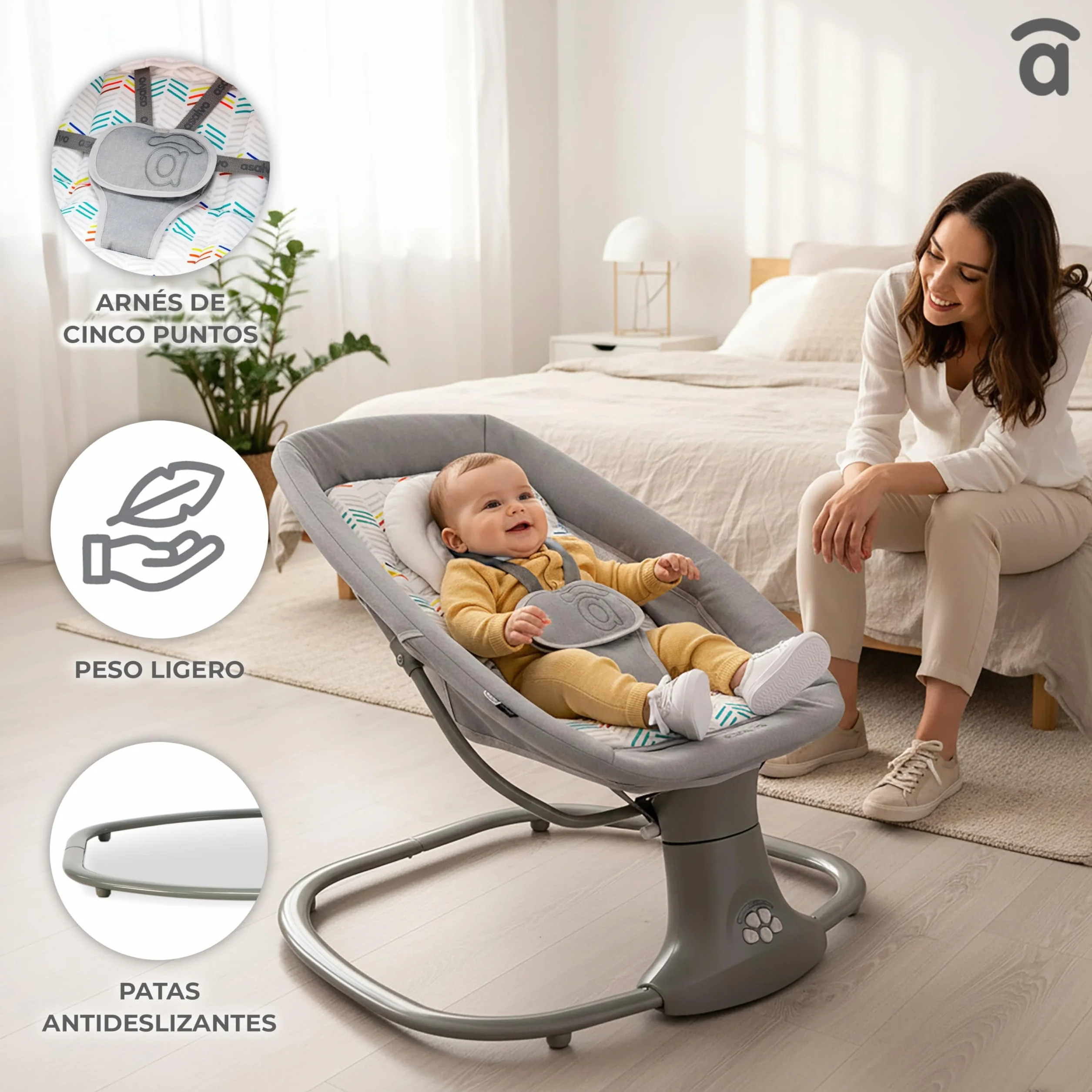 Amaca a dondolo con musica Bluetooth oscillazione automatica 5 livelli tettuccio zanzariera giocattolo poggiatesta 0 mesi 9 kg tessuto lavabile