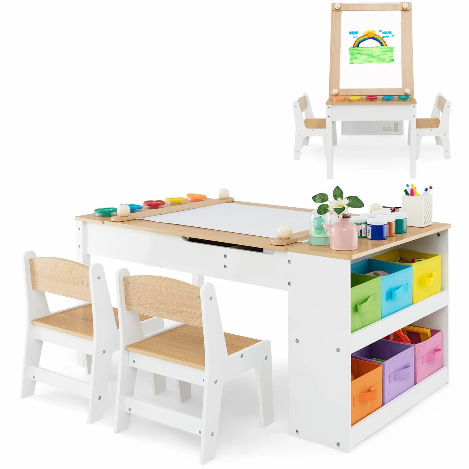 RELAX4LIFE Tavolo D'arte per Bambini in Legno con 2 Sedie, Piano Sollevabile, 6 Cassetti e 4 Tazze (NATURALE)