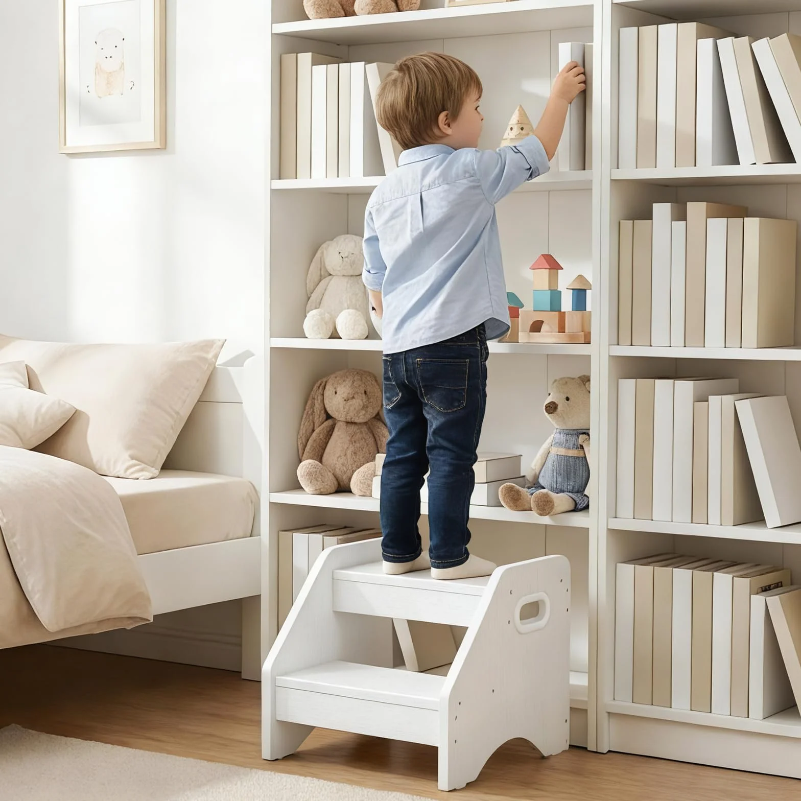 HOOBRO Scaletta a 2 Gradini Bambini in Legno, Sgabello con Maniglie Antiscivolo, Portata 30 kg, Bianco