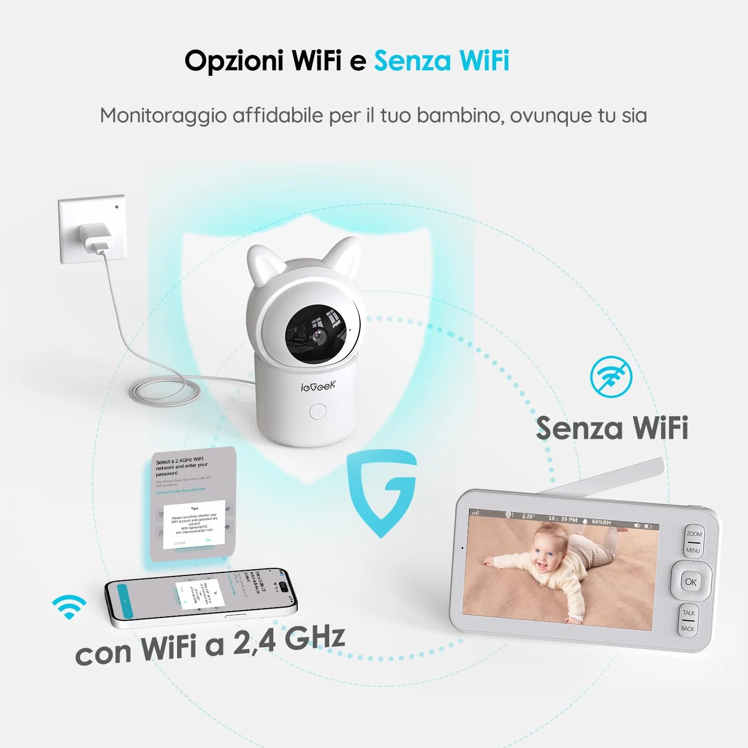 ieGeek Baby Monitor 1080P 5 Pollici Zoom 4x Rilevamento Movimento Suono Allarme Area Sicurezza Temperatura Umidità