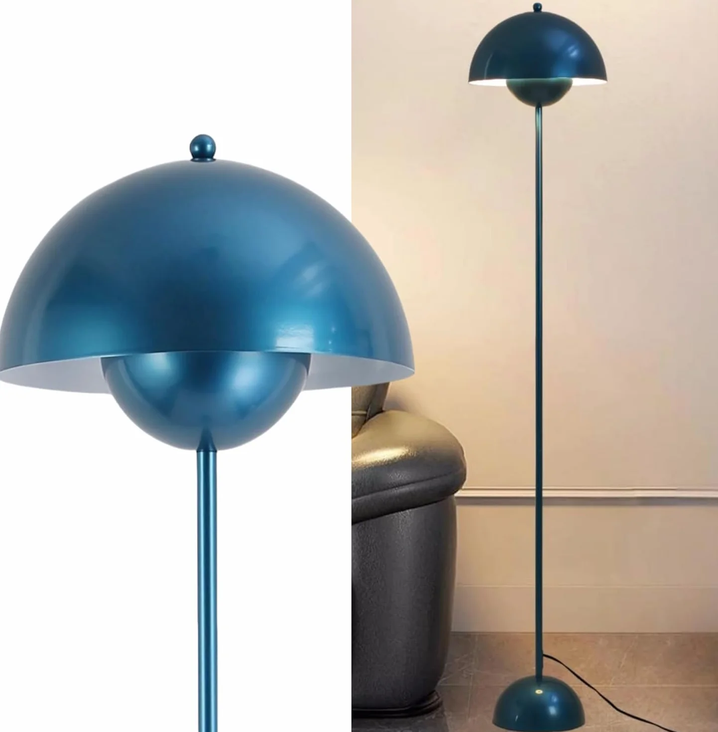 Alpinaluz Lampada da Terra in Metallo con Paralume Bombato – Design Retro Nordico – Luce Indiretta Verso il Basso – E27 – Interruttore a Pedale – Per Salotto e Interni (Blu Marino)