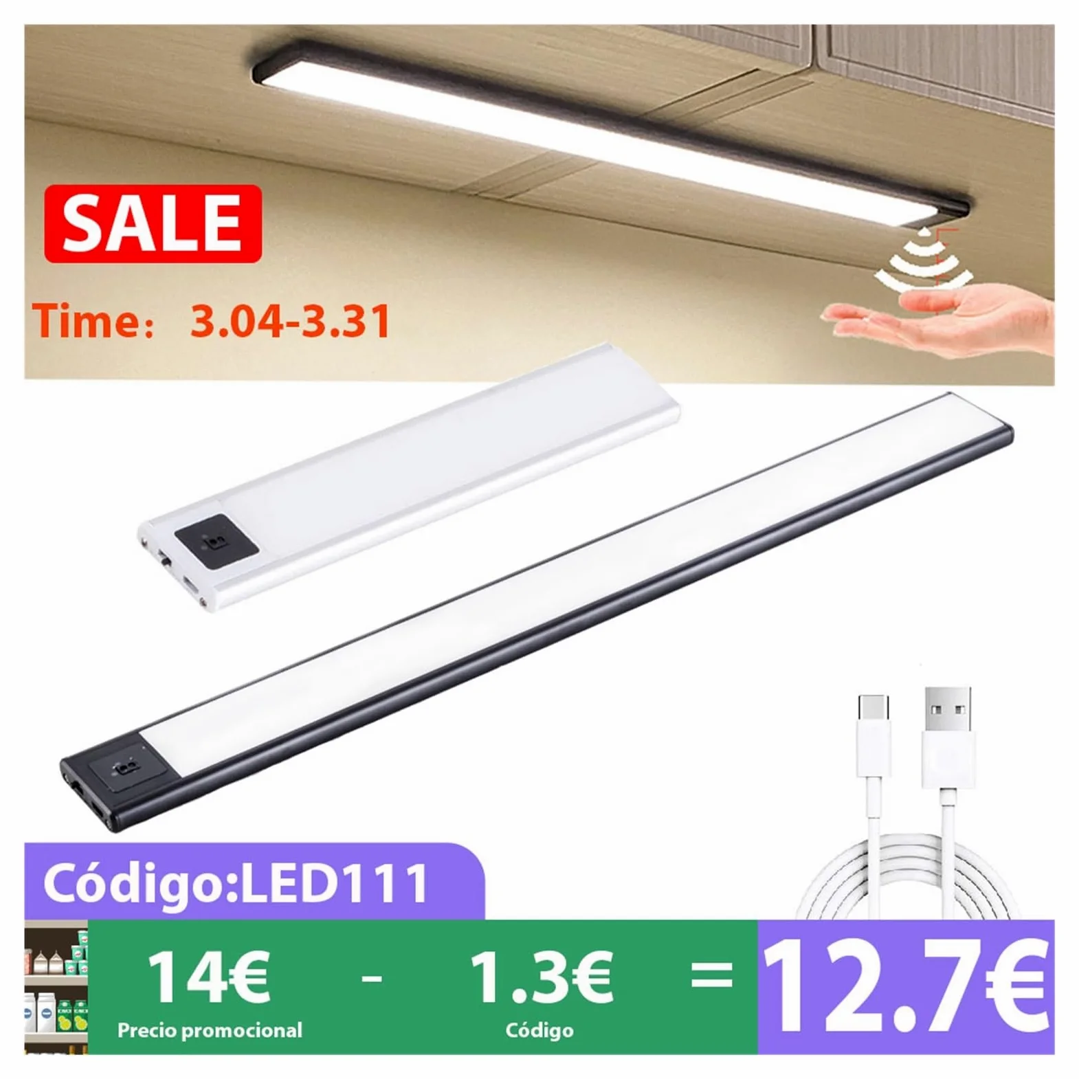 Luce Notturna A LED Sensore Di Spazzata Manuale Luci A USB Ricaricabile Cucina In Alluminio Nero Sotto Gli Armadi Illuminazione Rilevatore Di Movimento(Warm White Light,40CM_SILVER1)