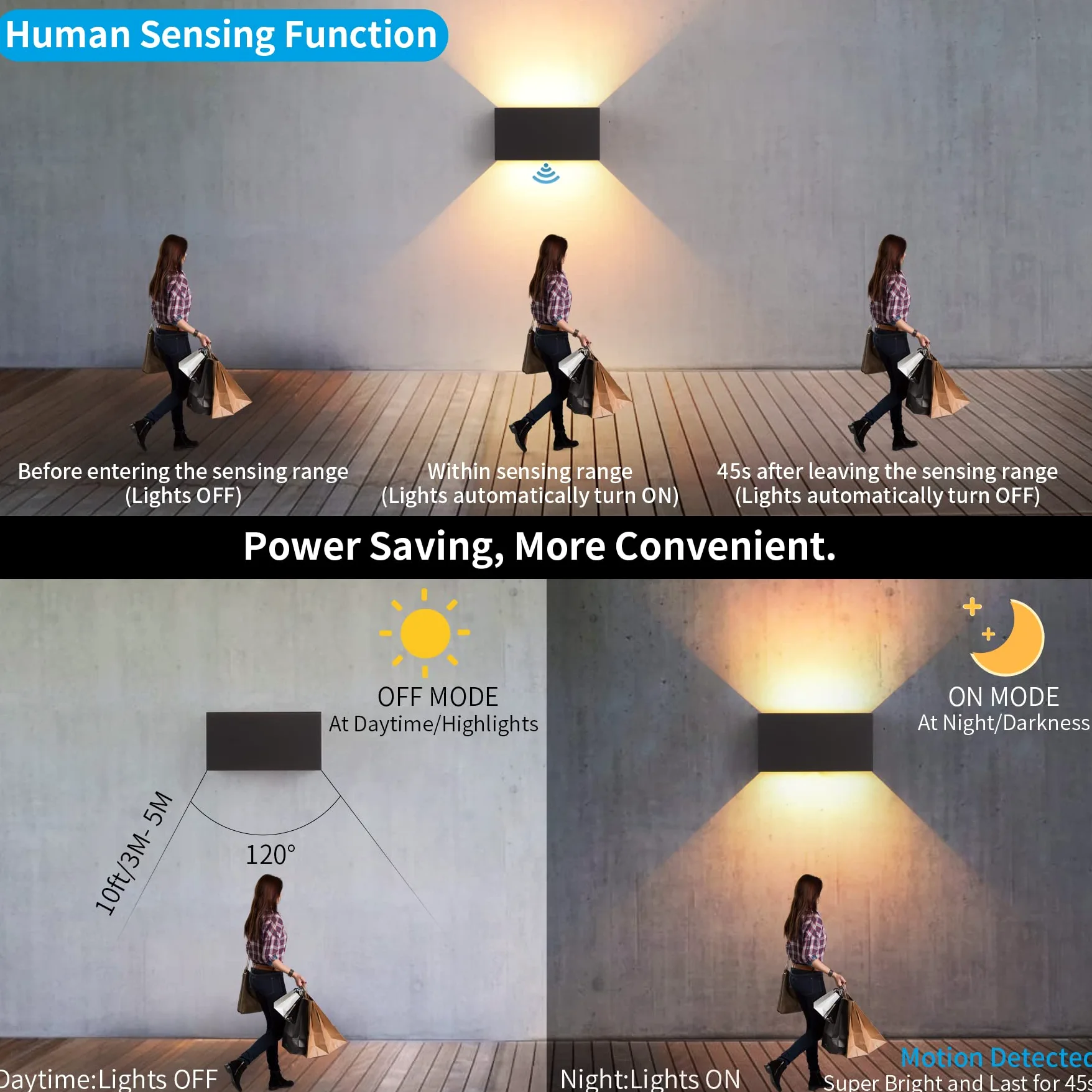 Applique da Parete 24W con Sensore di Movimento LED Moderno Lampada da Parete Esterno Interno Bianco Caldo 3000K Lampade a Muro Angolo del Fascio Regolabile IP65 Impermeabile Aplique Nero in Alluminio