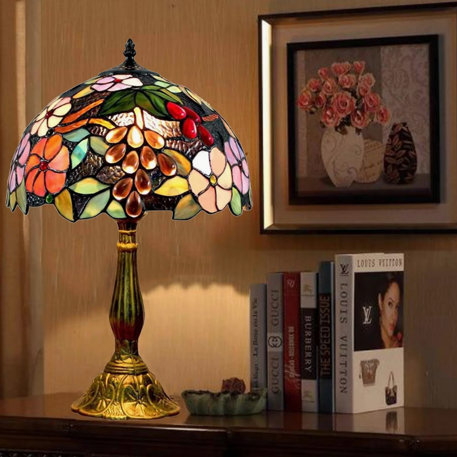 Lampada in stile Tiffany, 12 pollici Lampada da comodino notte a paralume fatto a mano in vetro colorato, Lampada da tavolo, per Soggiorno Camera da letto Tavolino da caffè