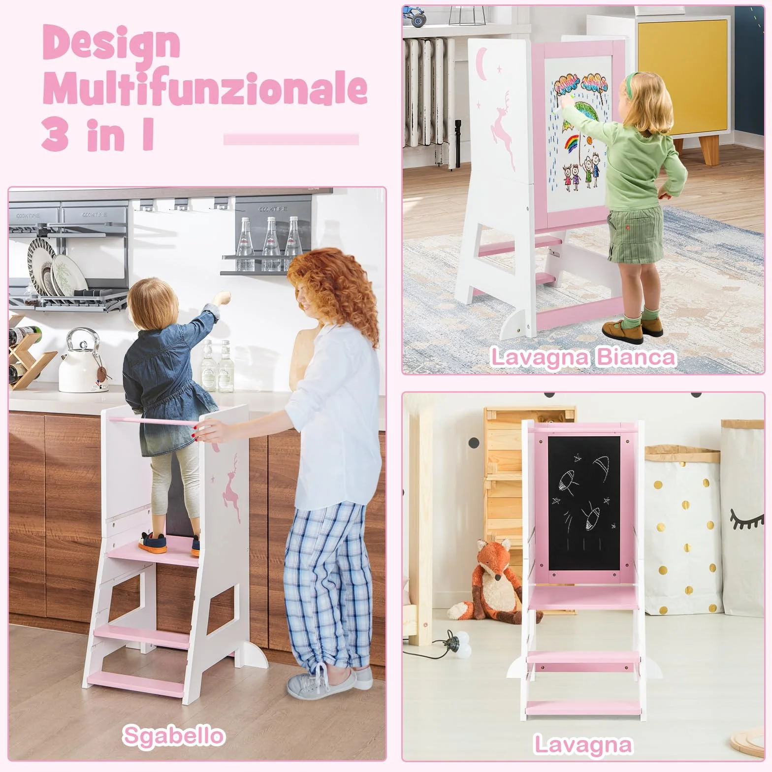 RELAX4LIFE Torre Montessoriana 3 in 1 per Bambini, Torre di Apprendimento Altezza Regolabile con Lavagna Bifacciale e Piedini Antiribaltamento, Rosa