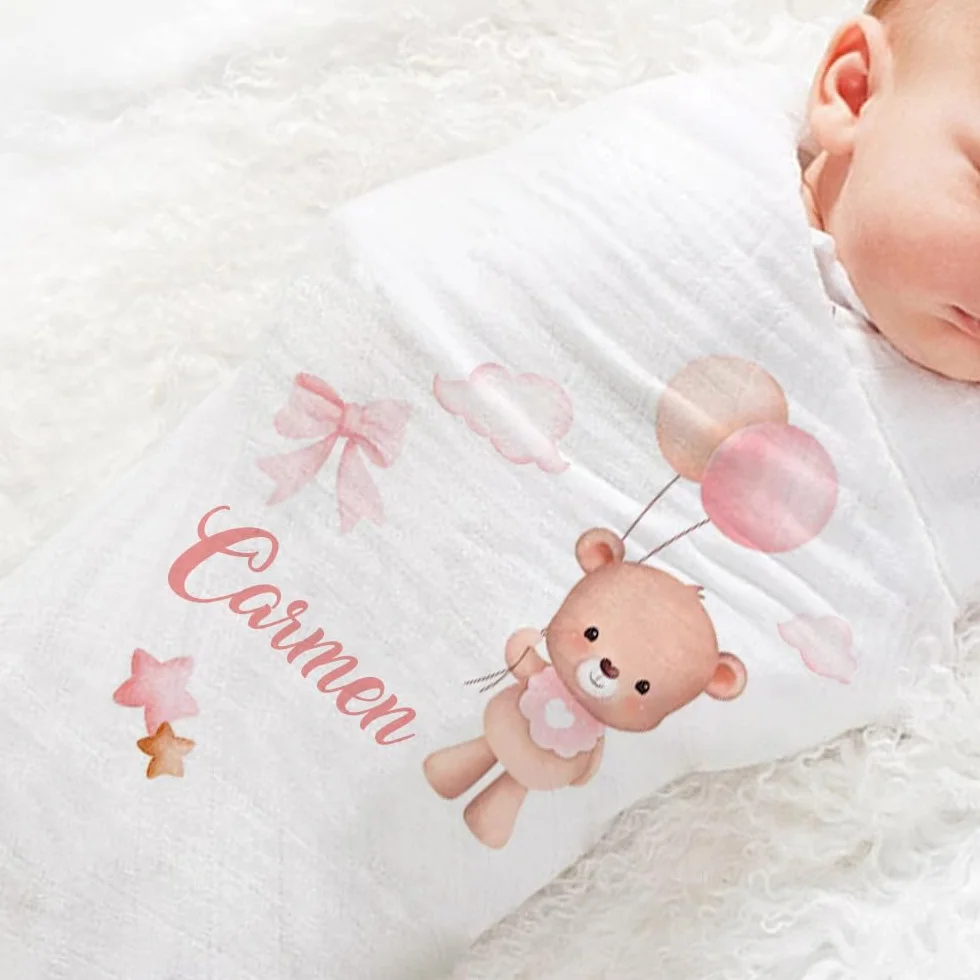 Set 3 Pezzi Mussole Personalizzate Bimba Orsetto Regalo Neonato Cotone Bambù 70x70cm