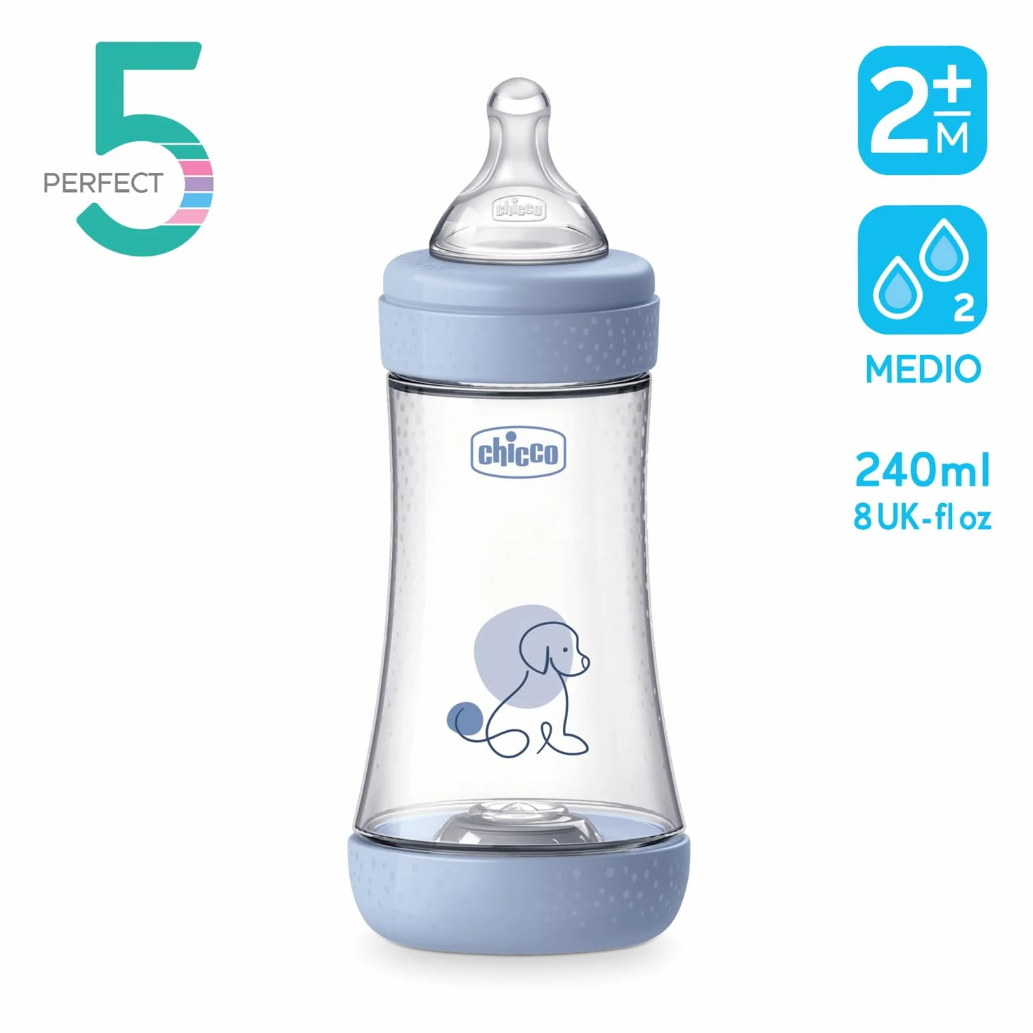 Chicco PERFECT 5 Biberon Anticolica 240 ml, Flusso Medio, Tettarella in Morbido Silicone, Blu