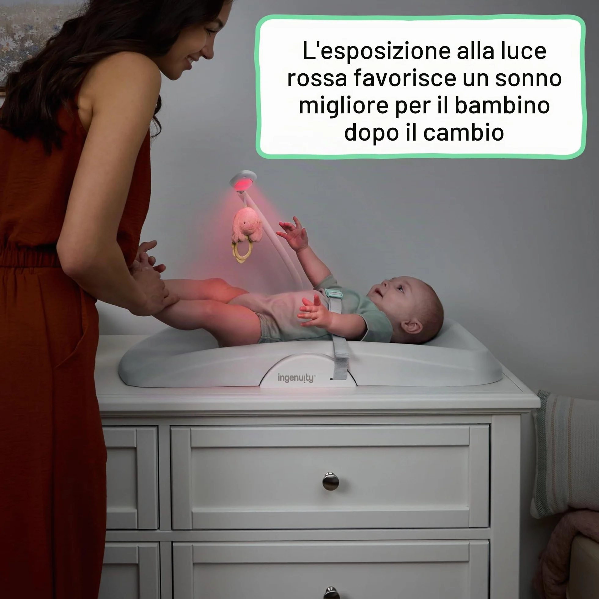 Ingenuity Day & Night Sylvi Fasciatoio con Luce Notturna Rosso, Superficie Facile da Pulire, 0+ Mesi