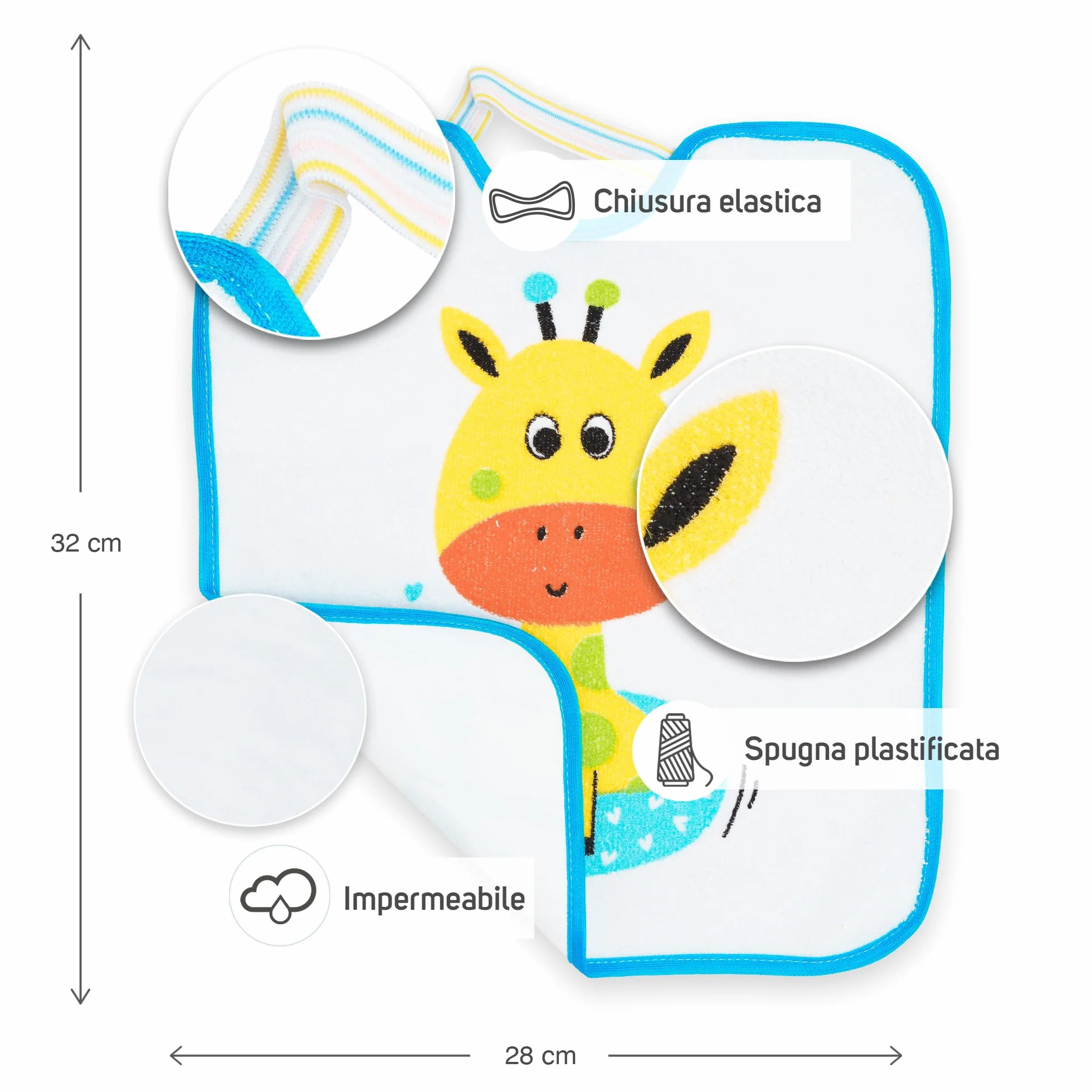 Set di 4 Bavaglini Asilo con Elastico per Bambini Impermeabili Assorbenti 73% Cotone 27% Poliestere 32x28 cm