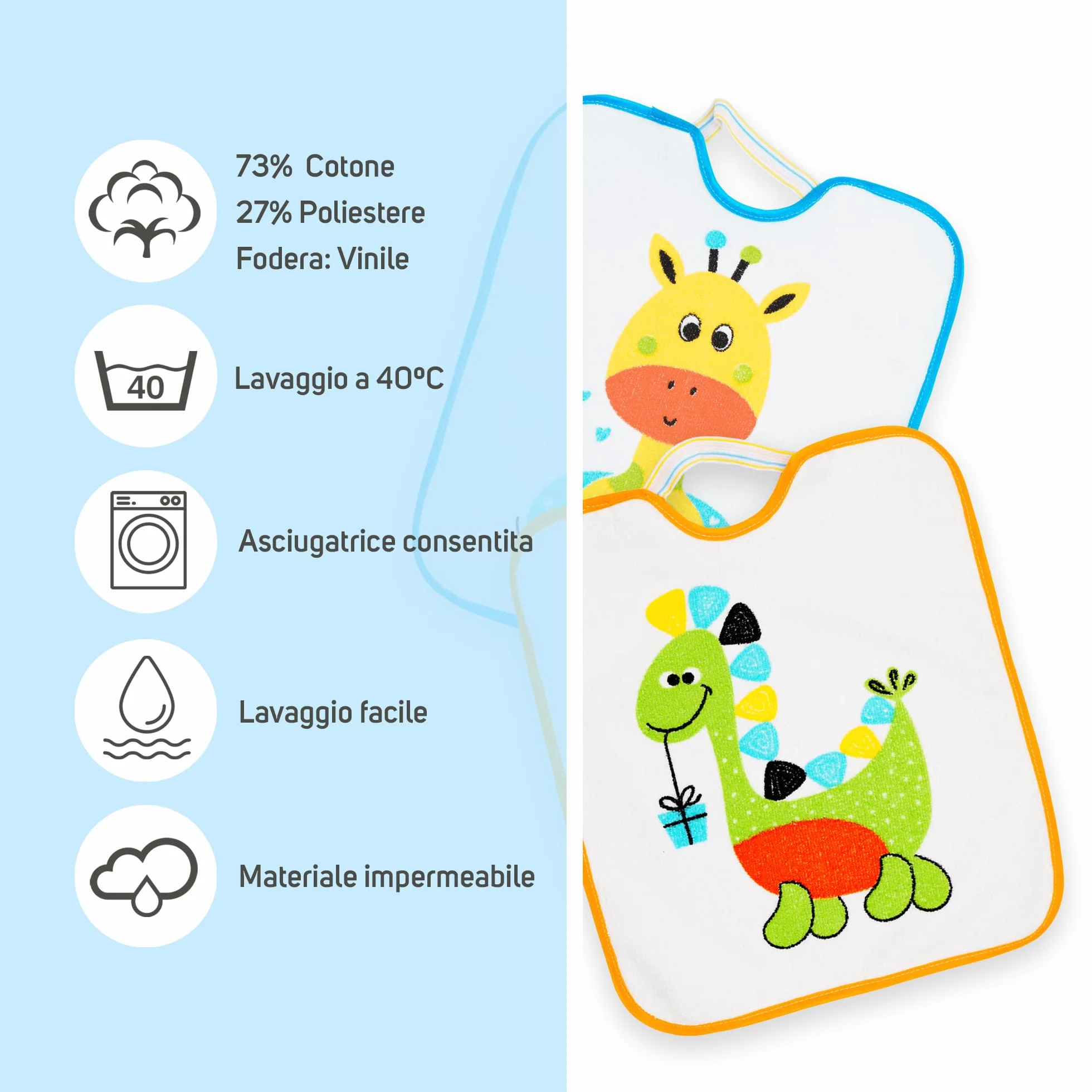Set di 4 Bavaglini Asilo con Elastico per Bambini Impermeabili Assorbenti 73% Cotone 27% Poliestere 32x28 cm