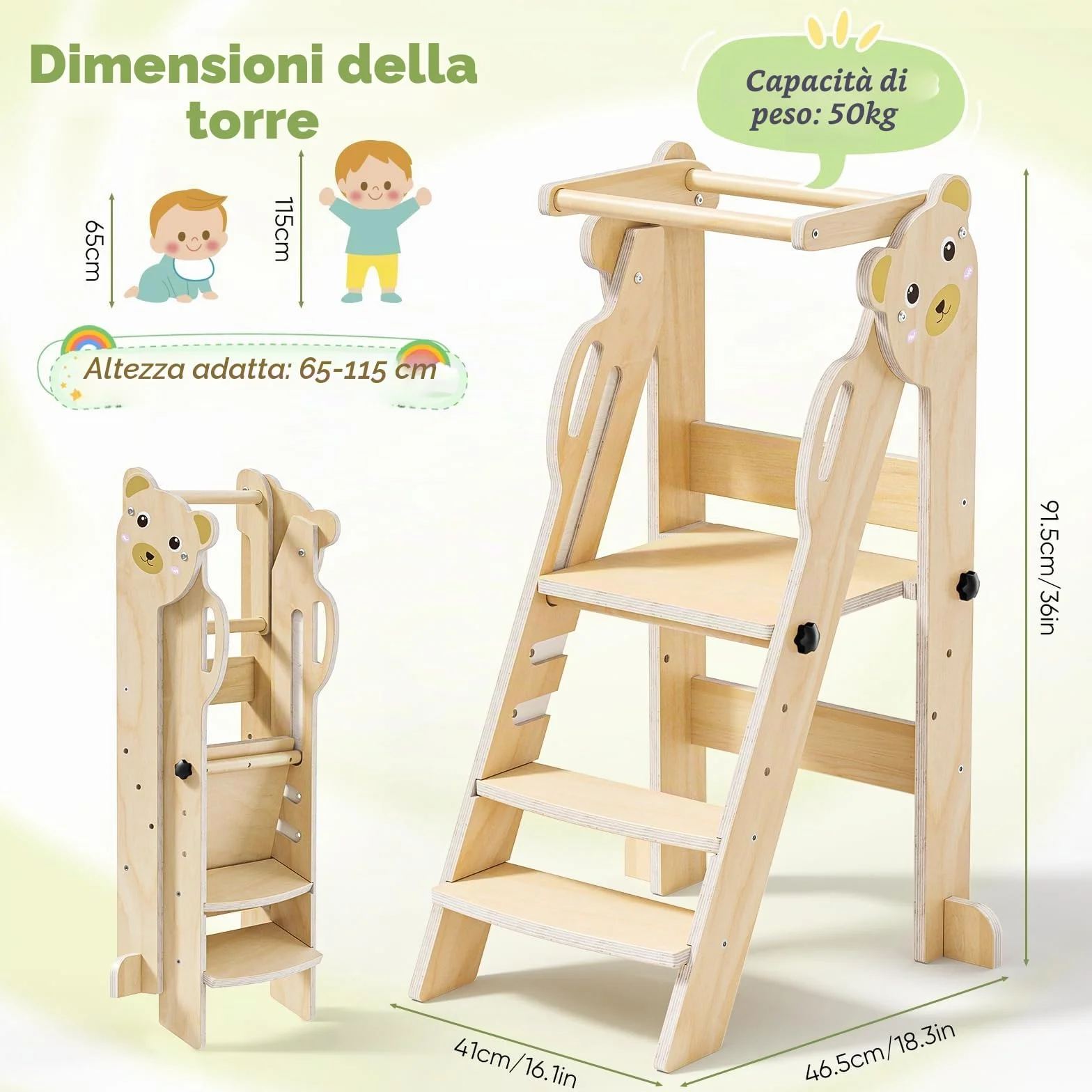 Torre montessoriana pieghevole per bambini, Montessori Learning Tower regolabile in altezza, legno naturale