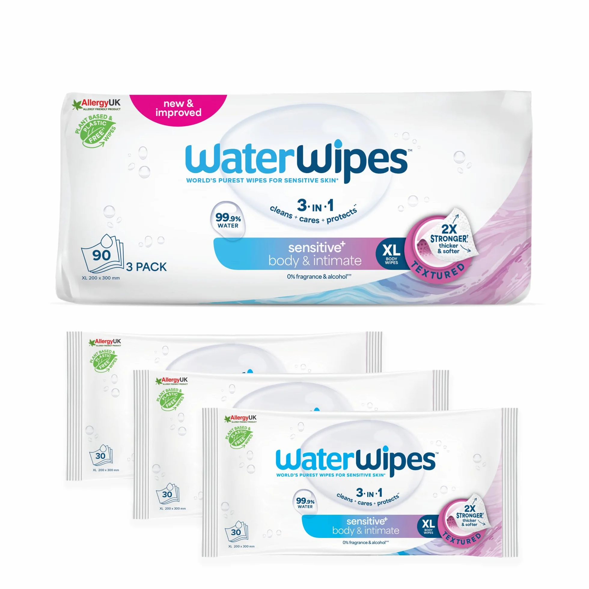 WaterWipes Sensitive+ Body & Intimate Wipes, 90 Pezzi (3 Confezioni), 99,9% Acqua, Senza Profumo