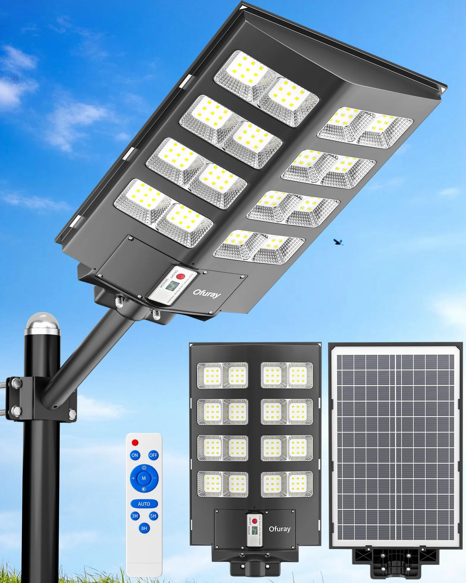 Ofuray Of-2600W Lampione Solare LED Esterno, 6500K Lampada Solari con Sensore di Movimento, Impermeabile IP67 Lampione Stradale, Faretto LED da Esterno Solare con Telecomando Adatto per Cortile,Garage