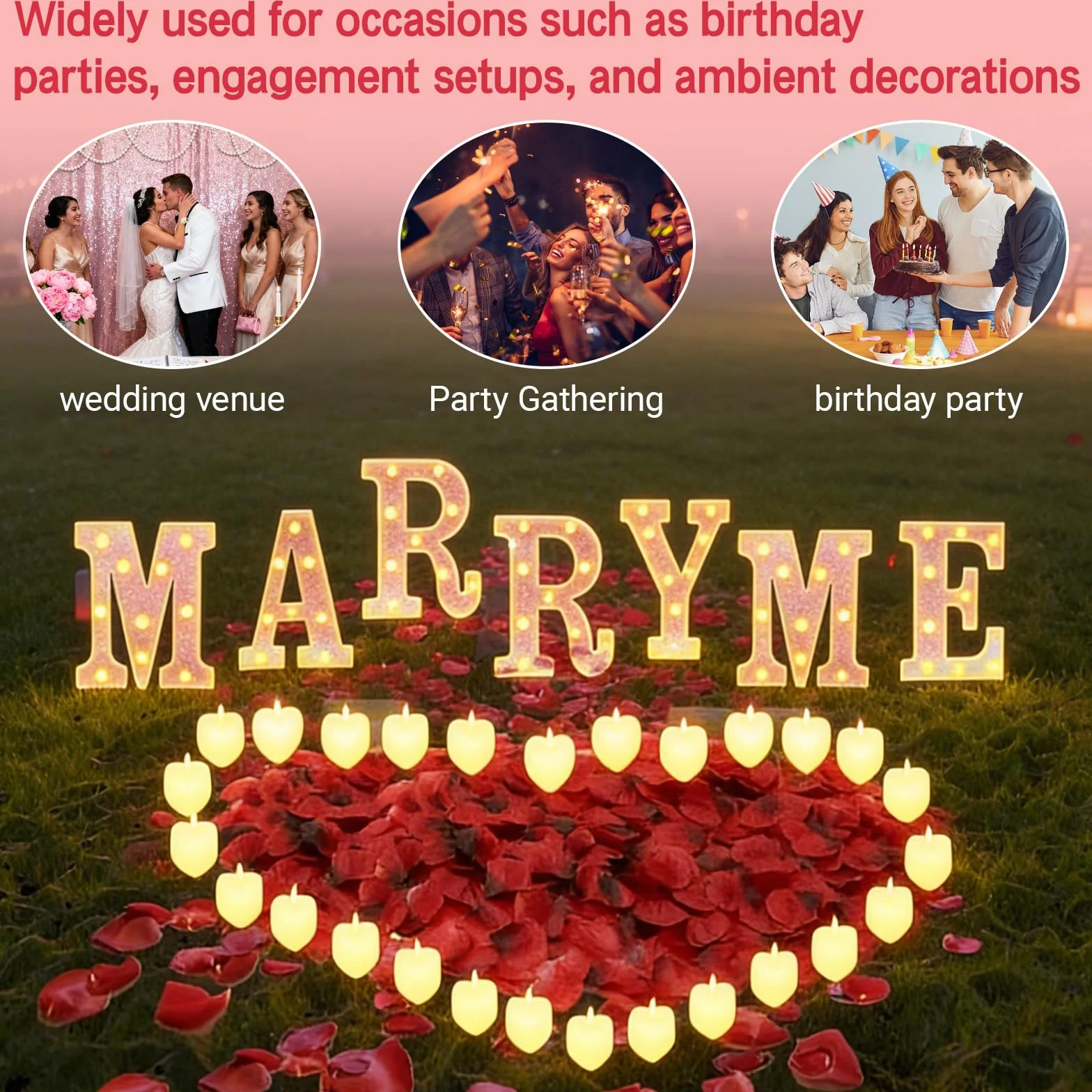 2031 pezzi rosa MARRY ME lettere luminose come decorazione per proposte di matrimonio, 2000 petali di rosa, cartello MARRY ME con 24 candele a cuore senza fiamma, per proposte di matrimonio