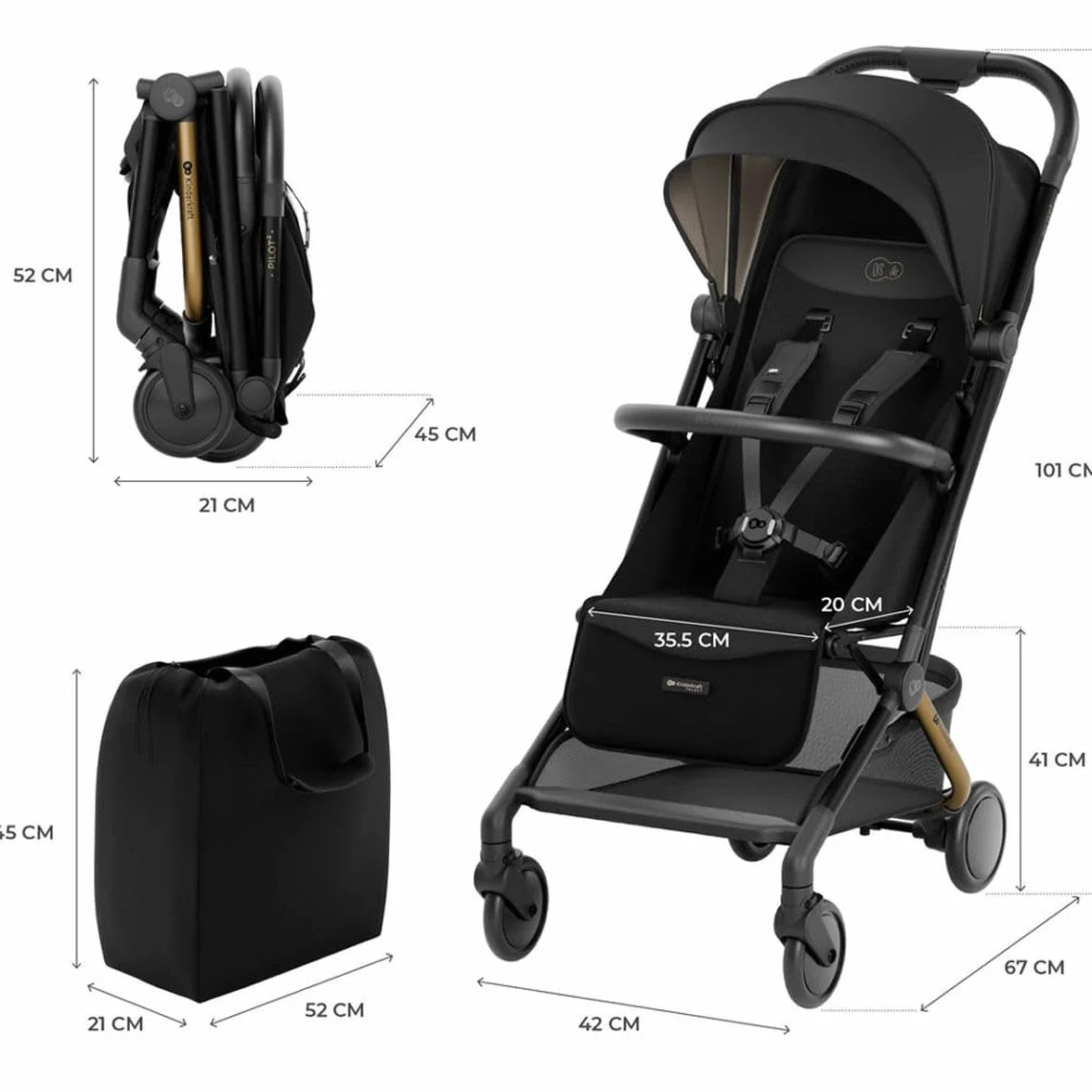 Kinderkraft PILOT 2 Passeggino Leggero Pieghevole UPF 50+ Cinture 5 Punti Nero