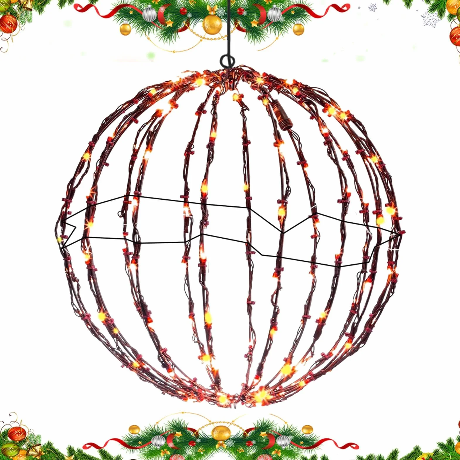 Luci a Sfera LED di Natale, Luce Sospesa Esterna, Metallo Pieghevole per Giardino, Globi Luminosi per Casa e Feste