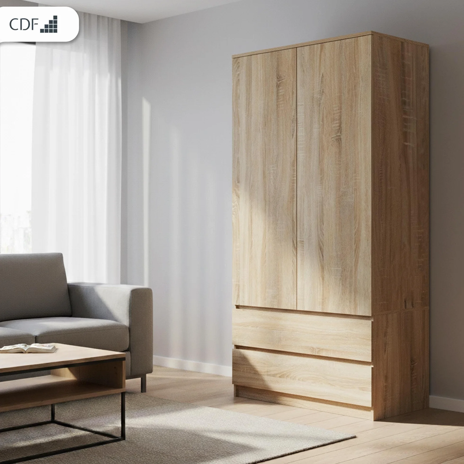 CDF Armadio Camera da Letto 90 cm 2 Ante 2 Cassetti Rovere Sonoma