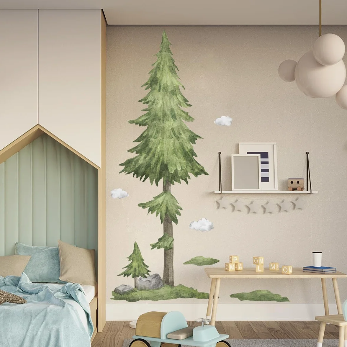 Giganti Adesivi murali bambini ALBERO acquerello 135x215 cm Murales adesivi da parete grandi albero pino foresta Decorazioni parete cameretta camera da letto bambini XXL