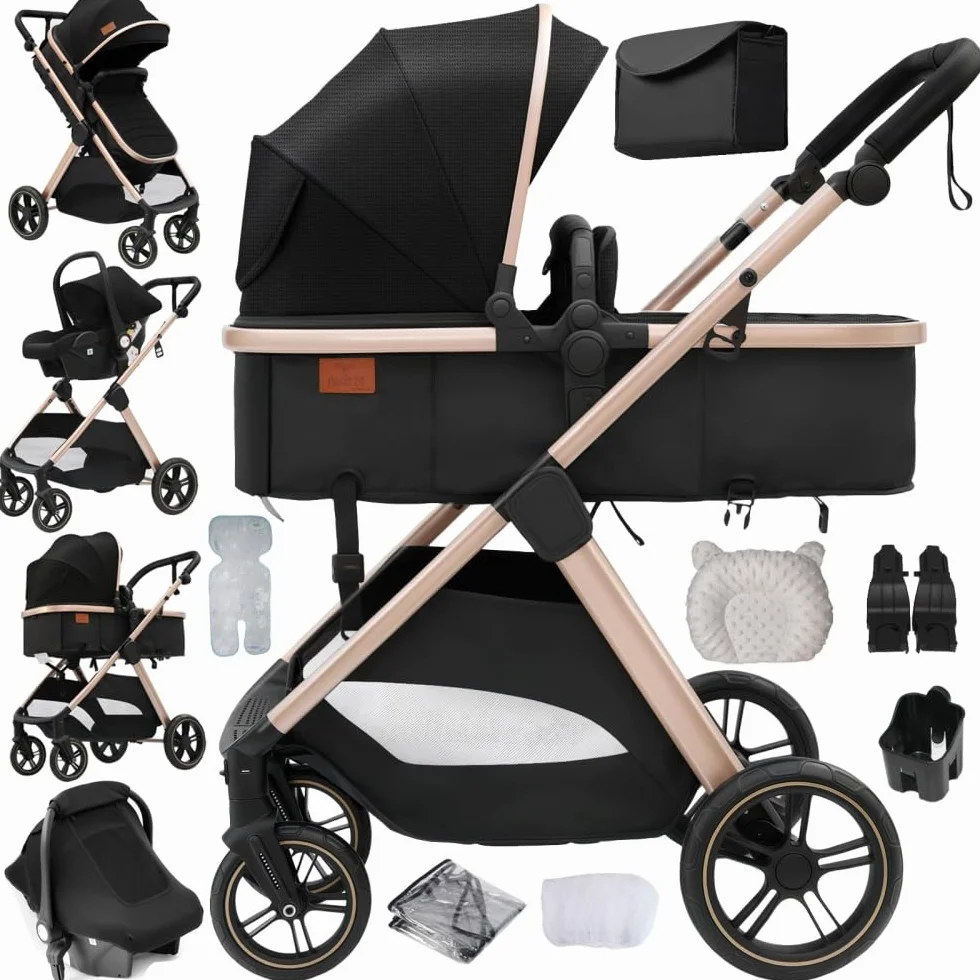 Passeggino 3 in 1 Leggero 0-36 Mesi Nero & Oro Pieghevole Manico in Pelle PU con Zanzariera e Parapioggia