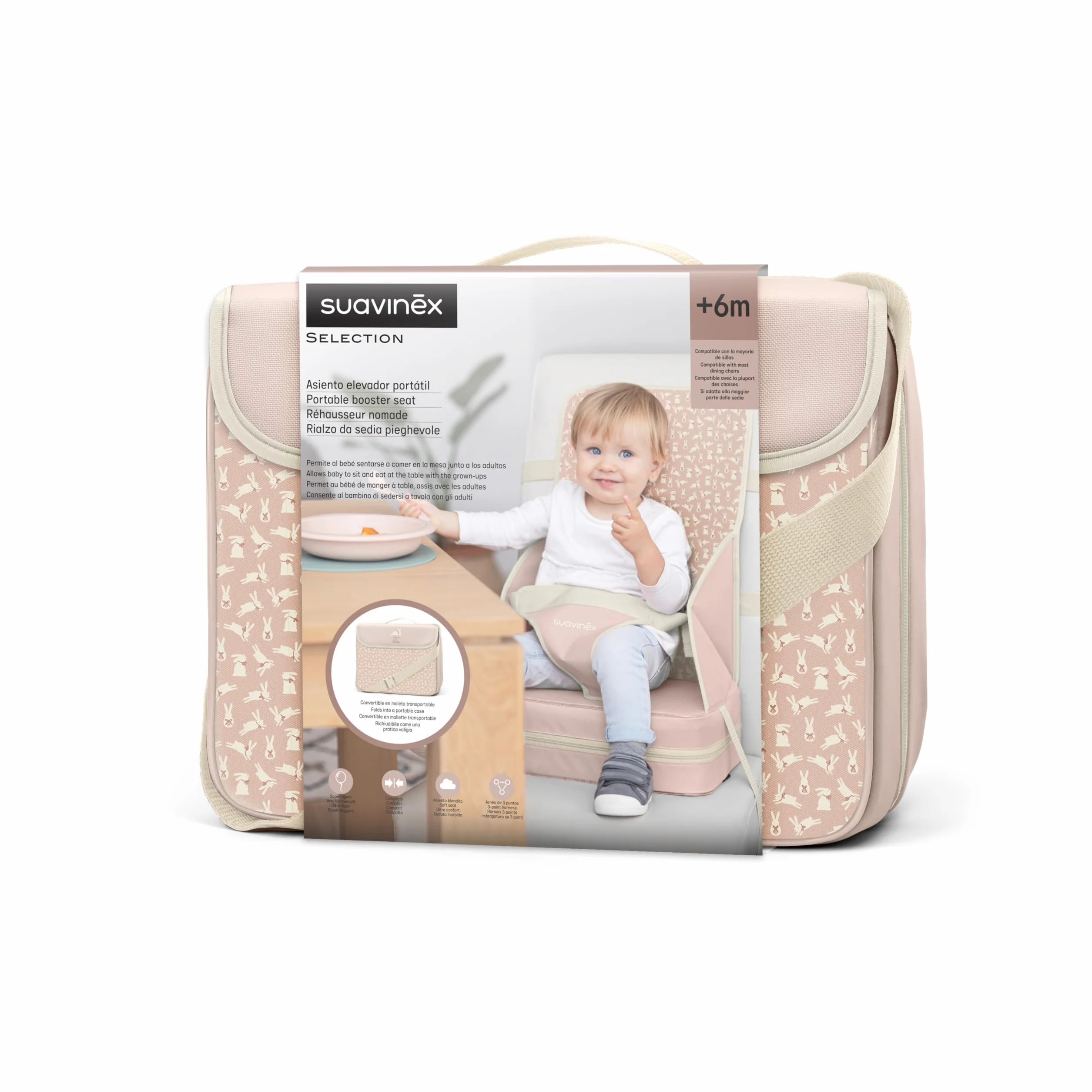 Suavinex seggiolone portatile per bambini +6 mesi universale trasformabile in borsa rosa
