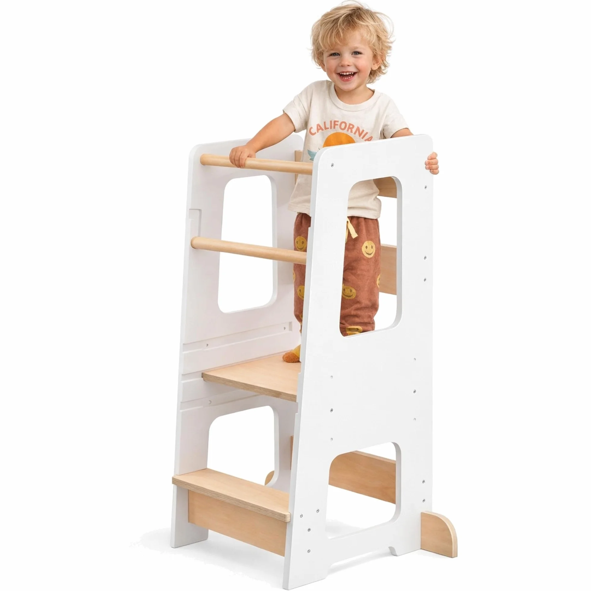 Torre Montessoriana Bambini Premium Legno Regolabile Altezza Doppia Barra Sicurezza Bianco