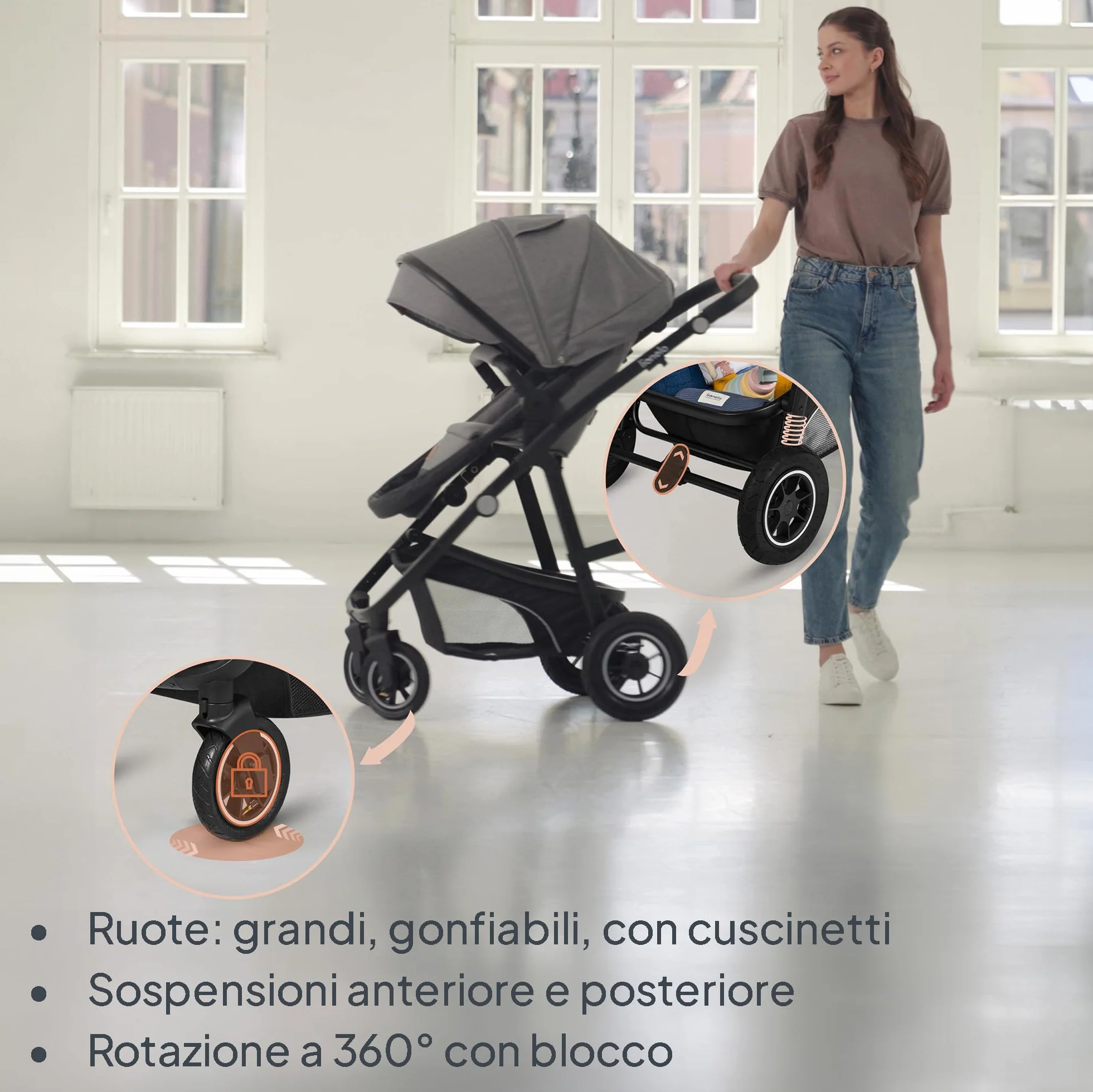 Passeggino 3 in 1 per Bambini 0-48 mesi, Sistema Modulare con Seduta, Navicella, Ovetto Neonato, Leggero, Pieghevole, Ruote Grandi, Cappottina XXL UPF50+