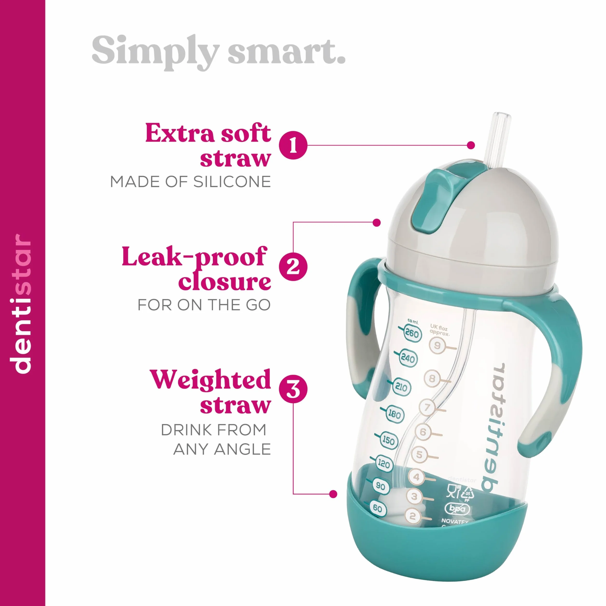 Dentistar Tazza bambini 260 ml Bicchiere antigoccia con cannuccia dinamica e manici Senza BPA Menta