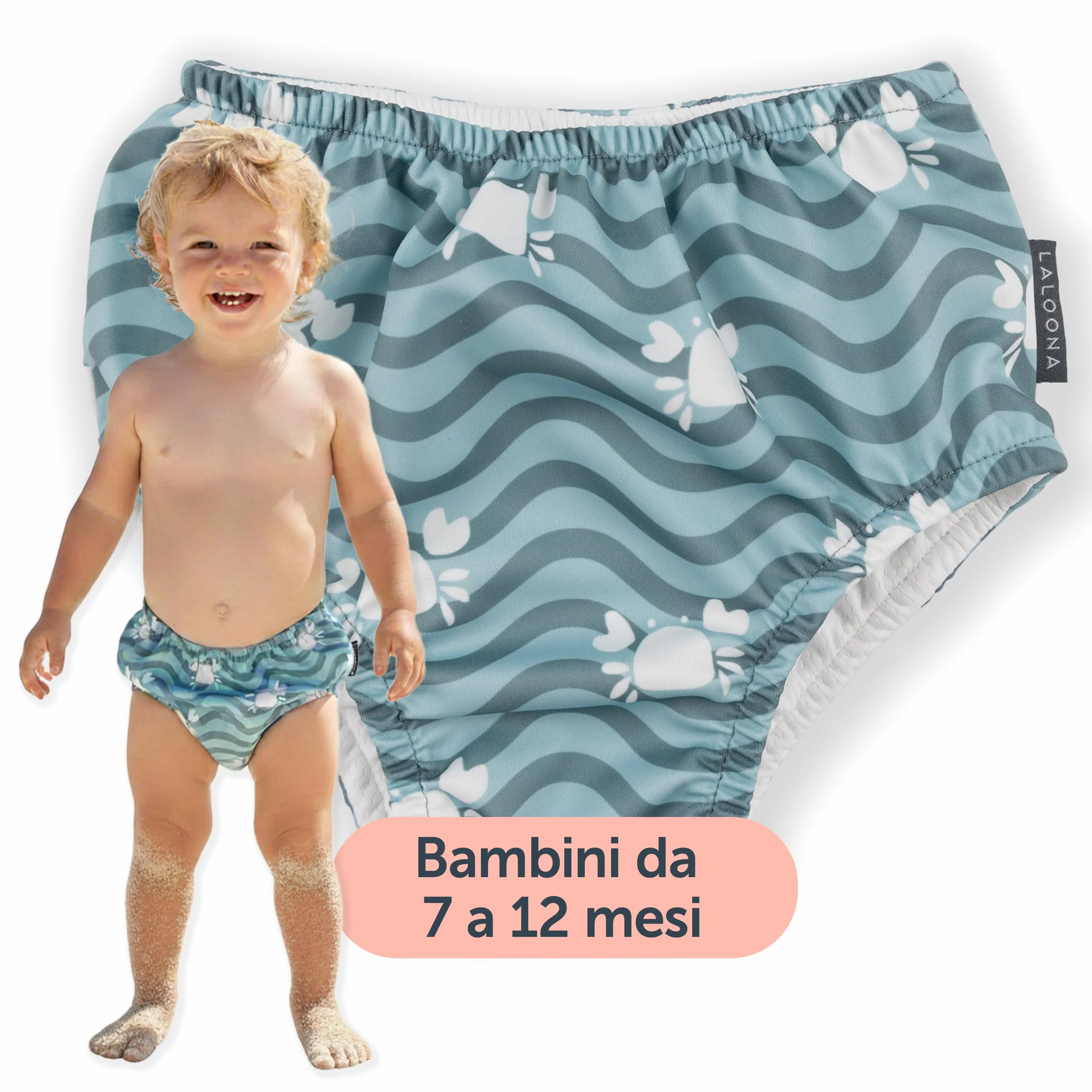 LaLoona Pannolino Piscina Riutilizzabile per Bambini Costume Contenitivo Neonato Resistente al Cloro OEKO-TEX Asciugatura Rapida Verde Granchio