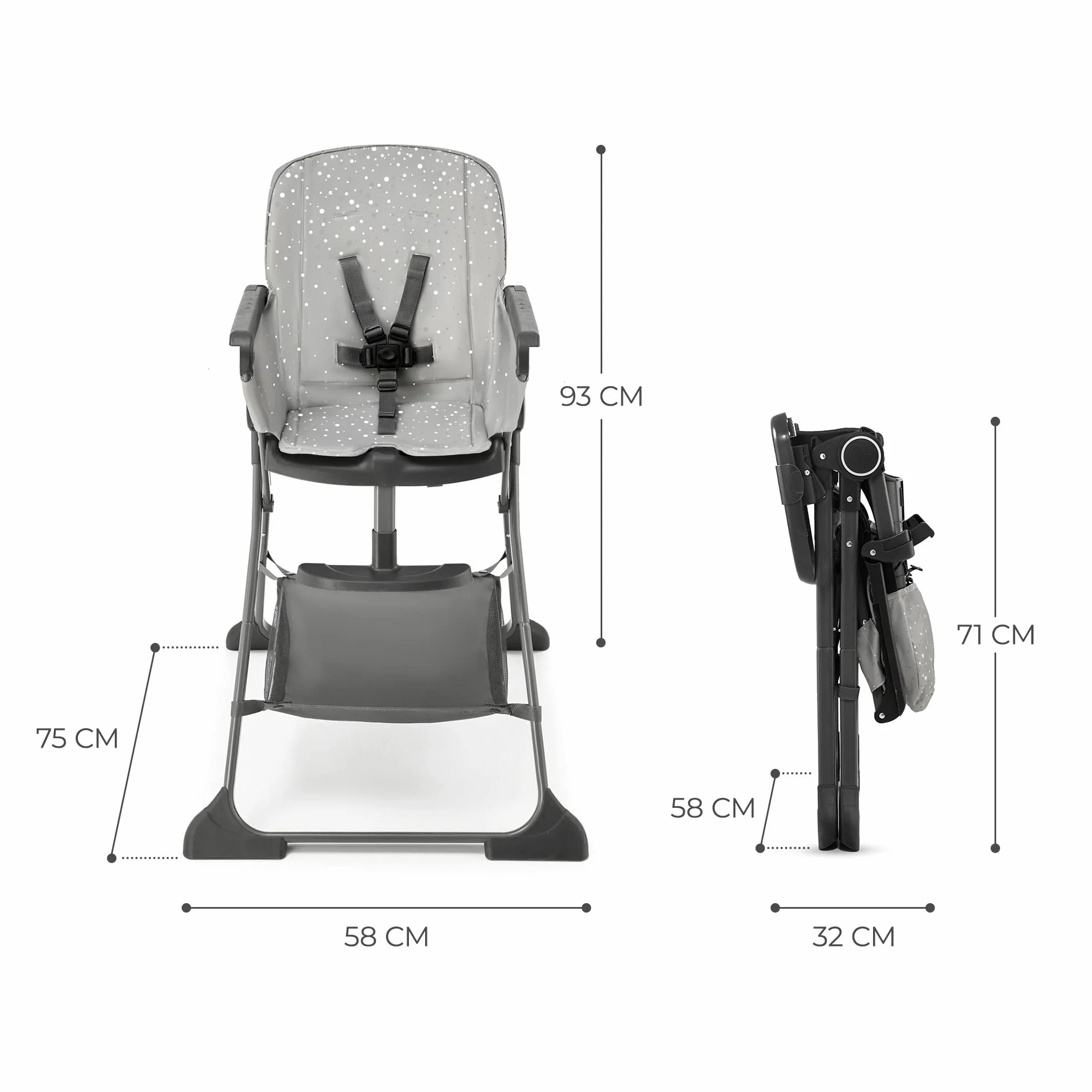 Kinderkraft FOLDEE Seggiolone Pappa Pieghevole Regolabile Grigio