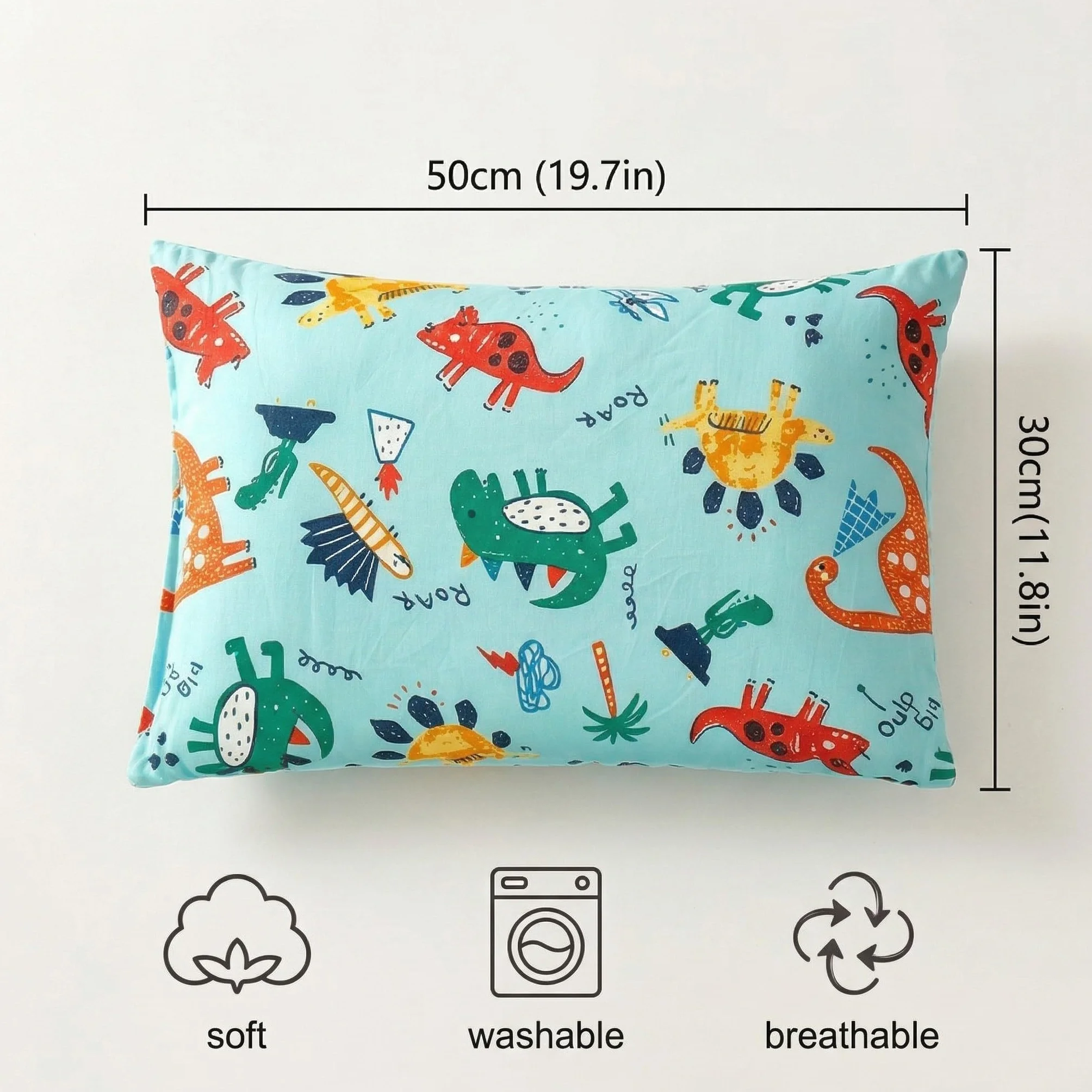 Federa Cuscino 30x50 cm Cotone Morbida Traspirante Motivo Dinosauro per Bambini 2 Pezzi