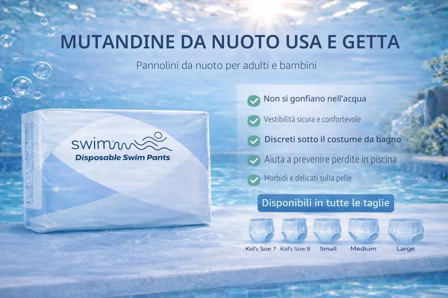 Pannolini piscina monouso adulti Taglia S 22 pezzi Protezione incontinenza fecale Nuoto in sicurezza