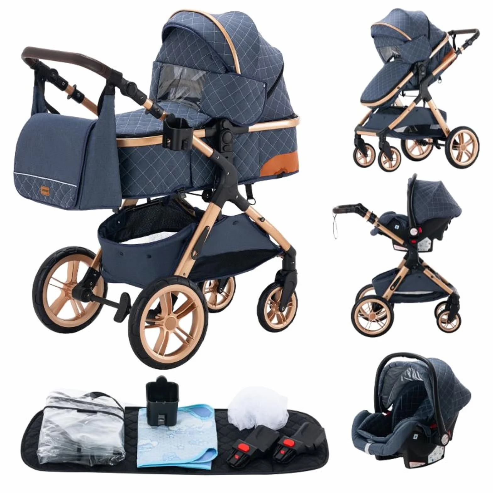 Passeggino 3 in 1 Sistema da Viaggio Pieghevole con Pneumatici in Gomma, Gondola, Adattatori, 25 kg