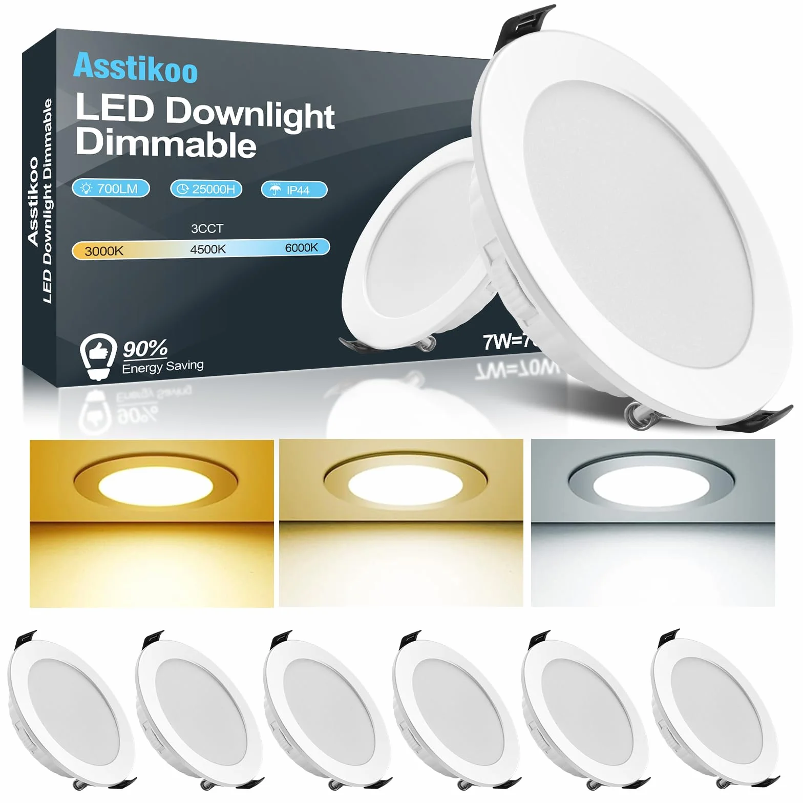 Faretti Led da Incasso per Cartongesso 7W 700 Lumen Faretti da Soffitto Risparmio Energetico 90%, Luci da Soffitto Interno 3000K-6000K Regolabile|IP44|CRI 83+|Foro Ø85-100mm Set di 6