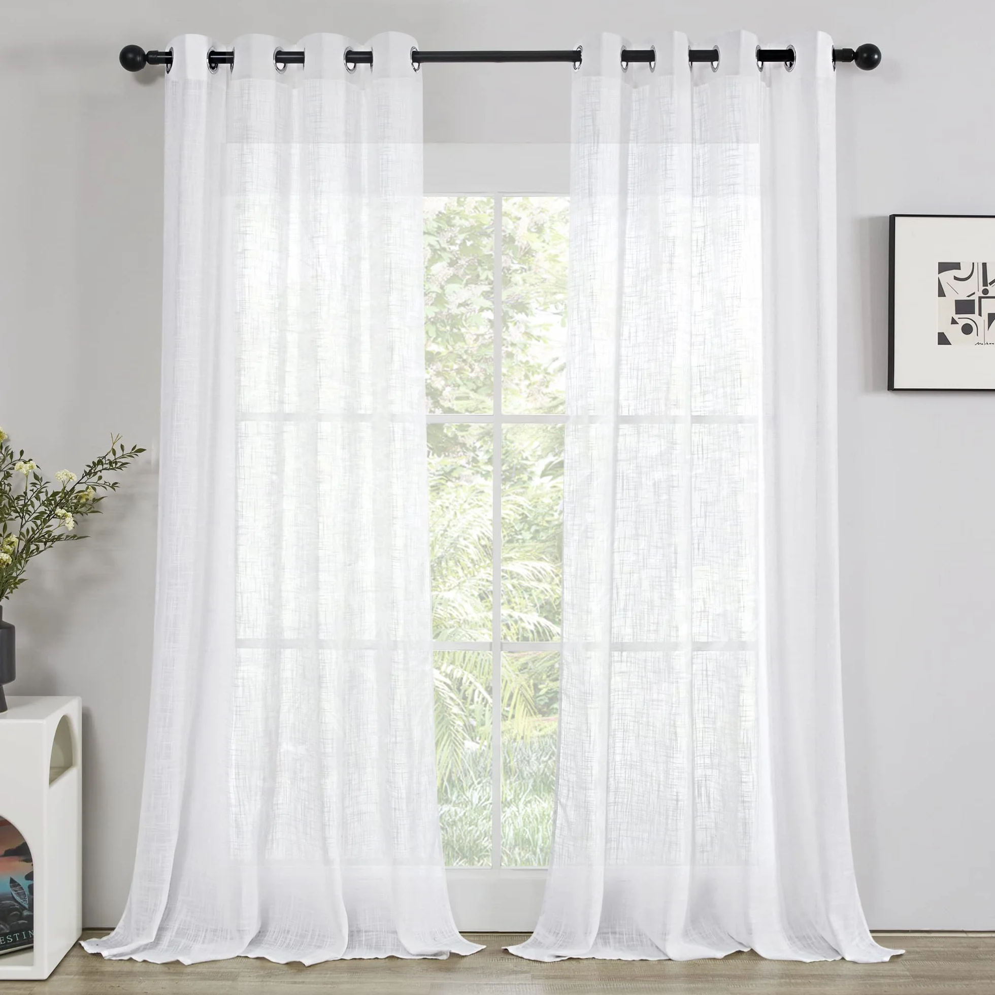 Deconovo Tende per Interni con Anelli, Tende Voile Semi-Trasparenti in Finto Lino 140x290 CM Bianco 2 Pezzi