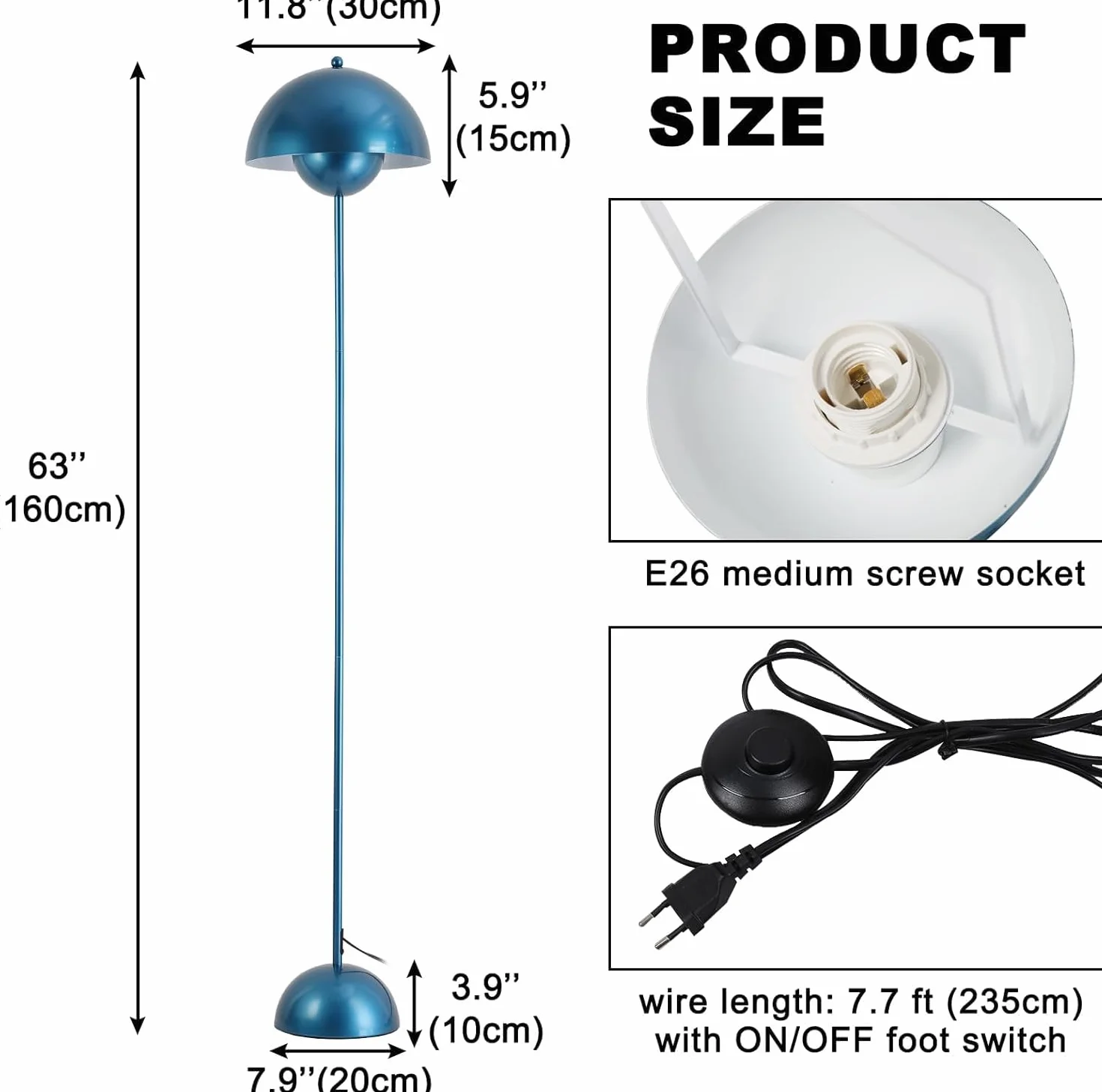 Alpinaluz Lampada da Terra in Metallo con Paralume Bombato – Design Retro Nordico – Luce Indiretta Verso il Basso – E27 – Interruttore a Pedale – Per Salotto e Interni (Blu Marino)