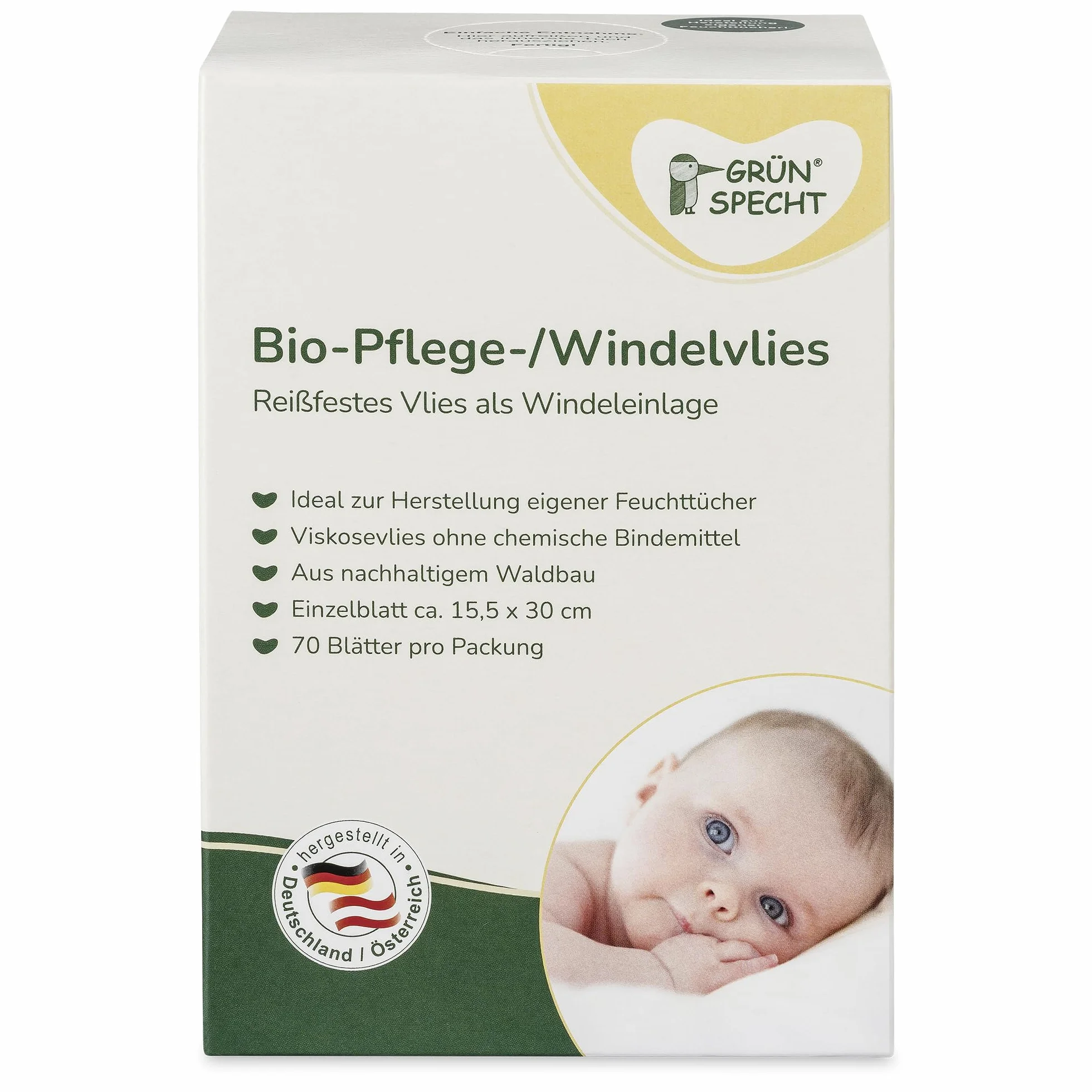 GRÜNSPECHT Tessuto non tessuto biologico per pannolini, 100% biodegradabile, assorbente, 70 fogli (699-00)