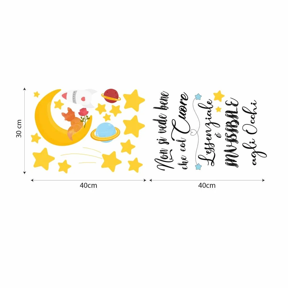 Adesivo Muro Cameretta Aforismi Bambini Piccolo Principe Decorazione Parete PVC Trasparente 2 Fogli 40x30 cm