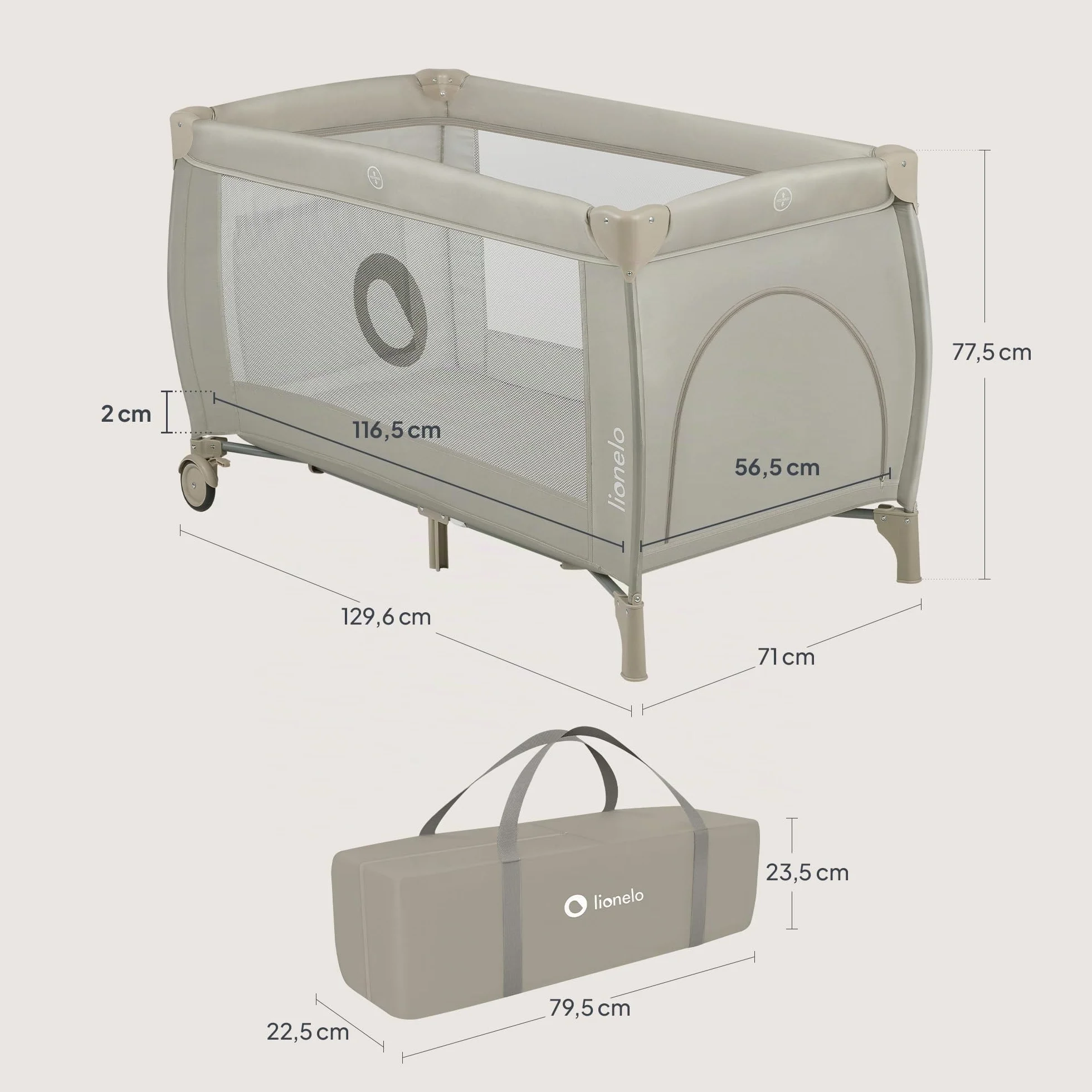 LIONELO STEFI PLUS Lettino da Viaggio Pieghevole 129x71x77cm per Bambini 0-3 Anni con Materasso 2 Livelli