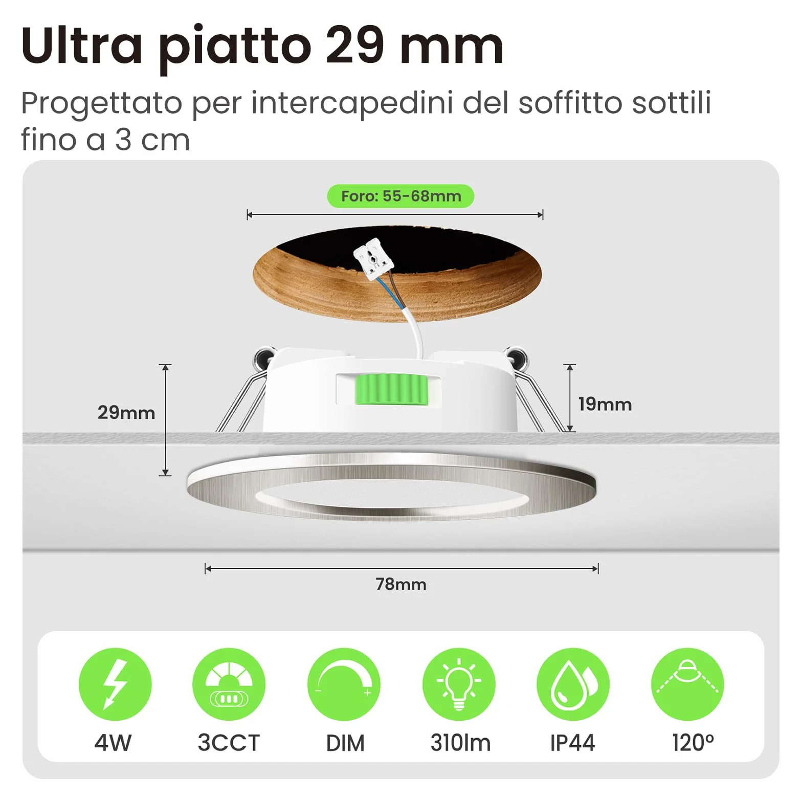 ALUSSO Faretti LED da Incasso per Cartongesso,4W 310LM 230V Luci da Soffitto Interno,Foro Incasso Ø55-68mm,3CCT 3000K 4000K 6500K Faretto led incasso IP44 per Cucina,Bagno,Set di 12,Nichel