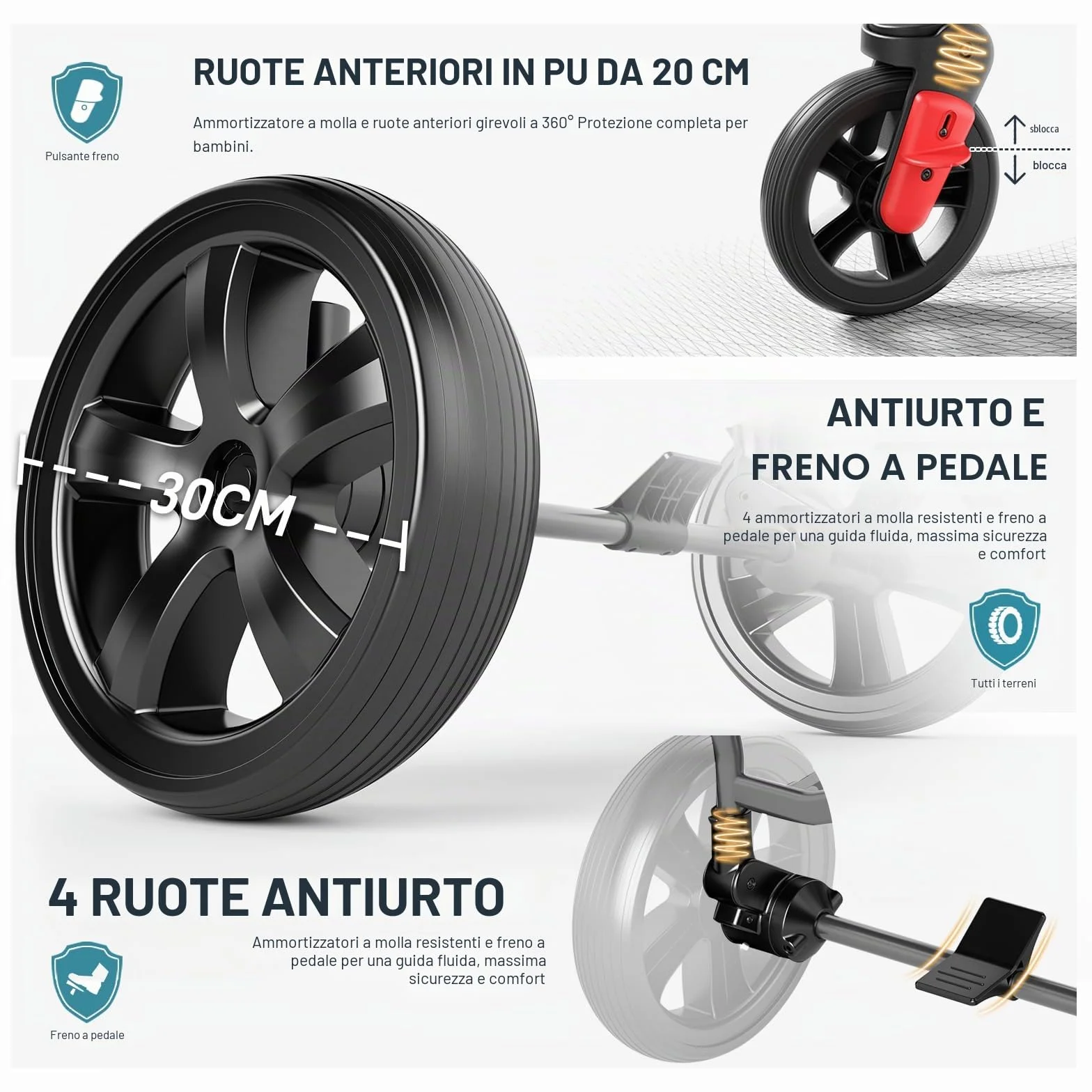 EVER ADVANCED Passeggino pieghevole per bambini con tetto, cintura di sicurezza 2x5 punti, carrello di trasporto con zaino, freno a pedale, capacità 50KG