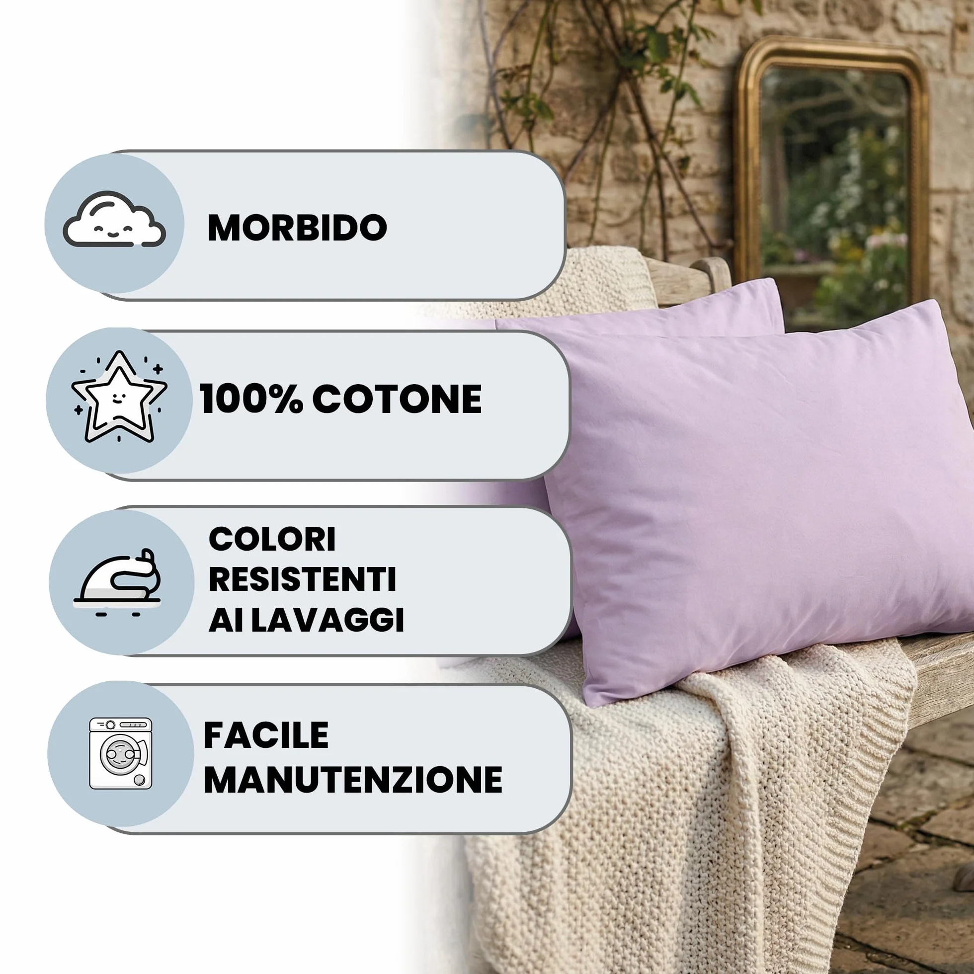 Coppia Federe 100% Cotone 50x80 cm con Patella Interna LILLA
