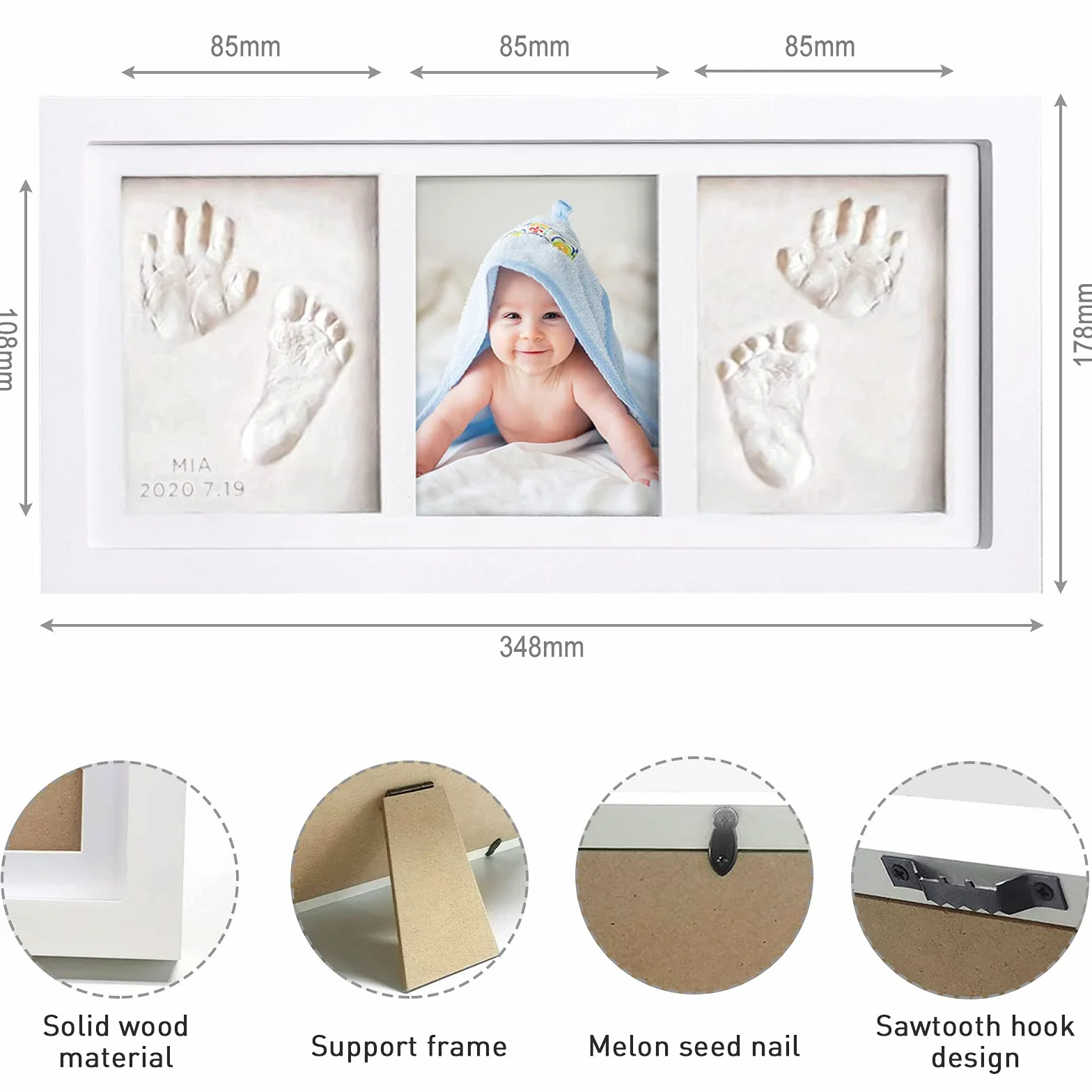 Kit Porta Foto Impronta Mani e Piedi Neonati, Cornice Impronte Neonato con Portafoto Legno e Argilla