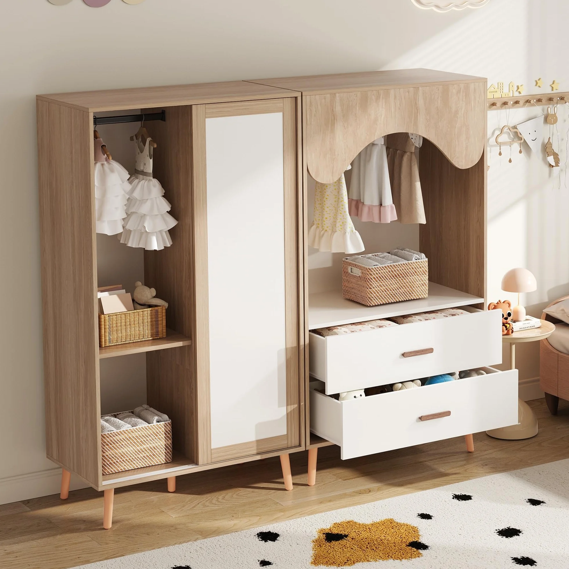 Soweiz Appendiabiti per bambini con porta scorrevole, bianco + legno naturale, 141,5 cm
