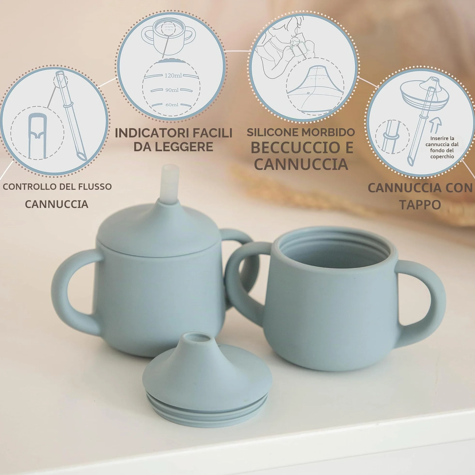 Moonkie Bicchiere Antigoccia 3-Step con Cannuccia e Manici in Silicone Senza BPA Lavabile in Lavastoviglie Tazza Neonato 120 ml Azzurro
