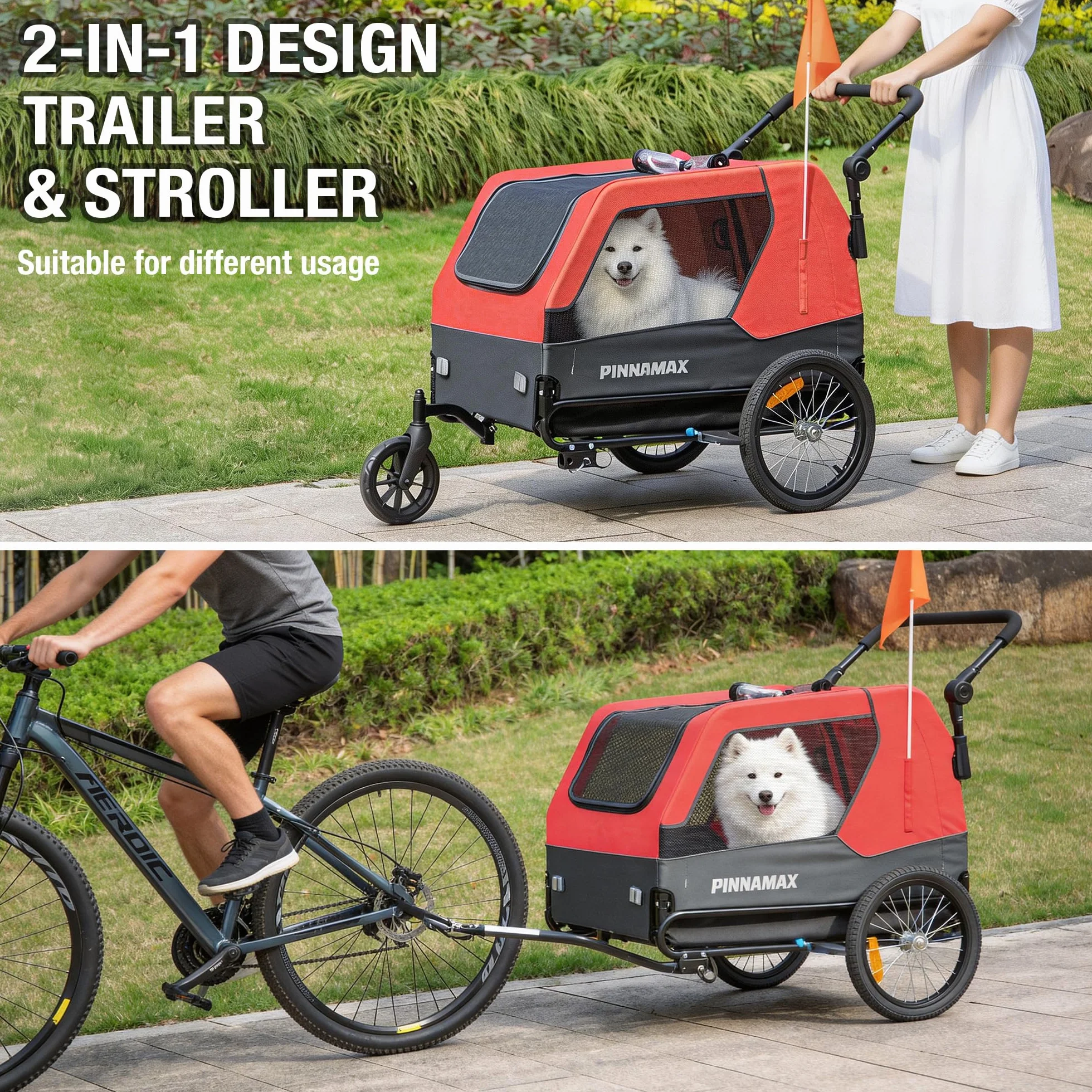 PINNAMAX Rimorchio per cani per biciclette 2 in 1, portata 45 kg, gancio universale