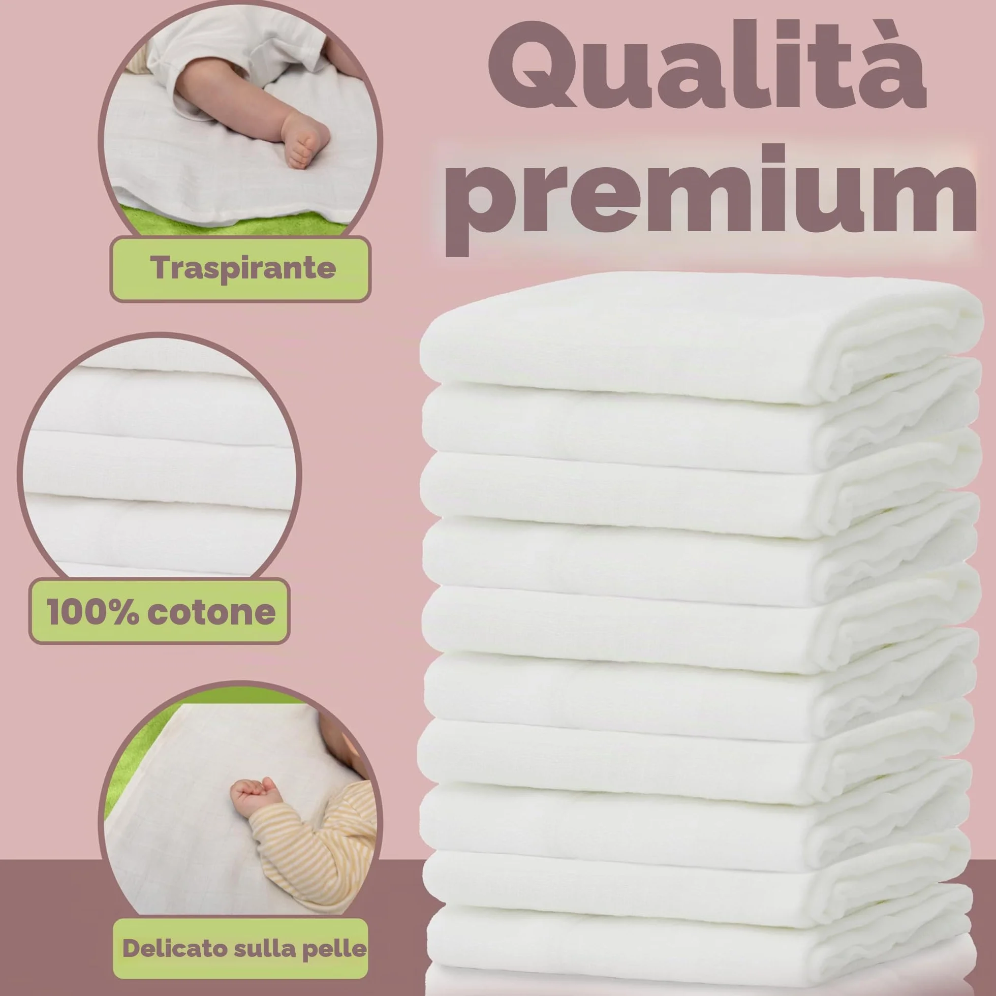NatureMark Set da 10 Panni in Mussola per Bambino 100% Cotone 70x70 cm Bianca